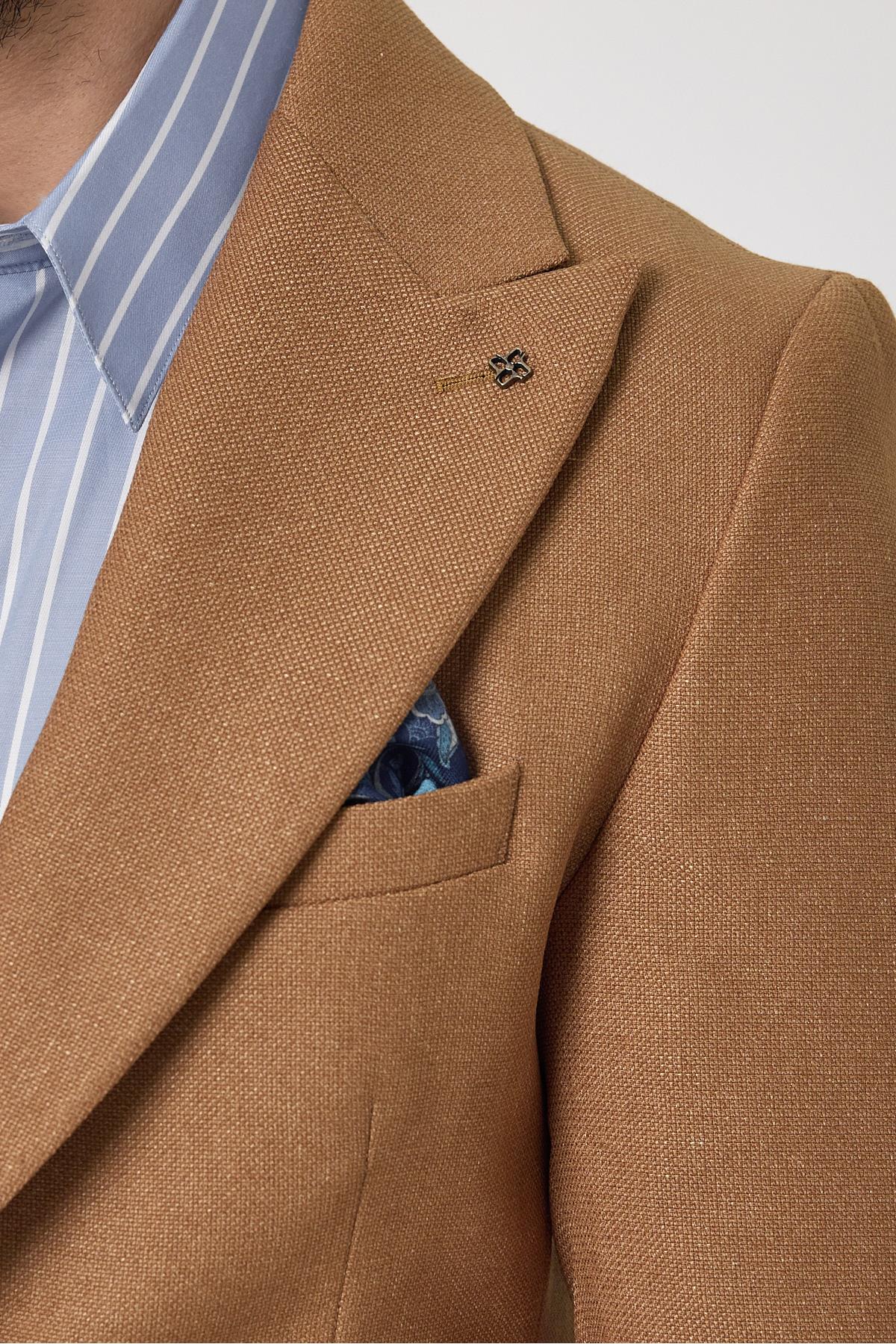 Classo Erkek Camel Slim Fit Sivri Yaka Kendinden Desenli Blazer Ceket