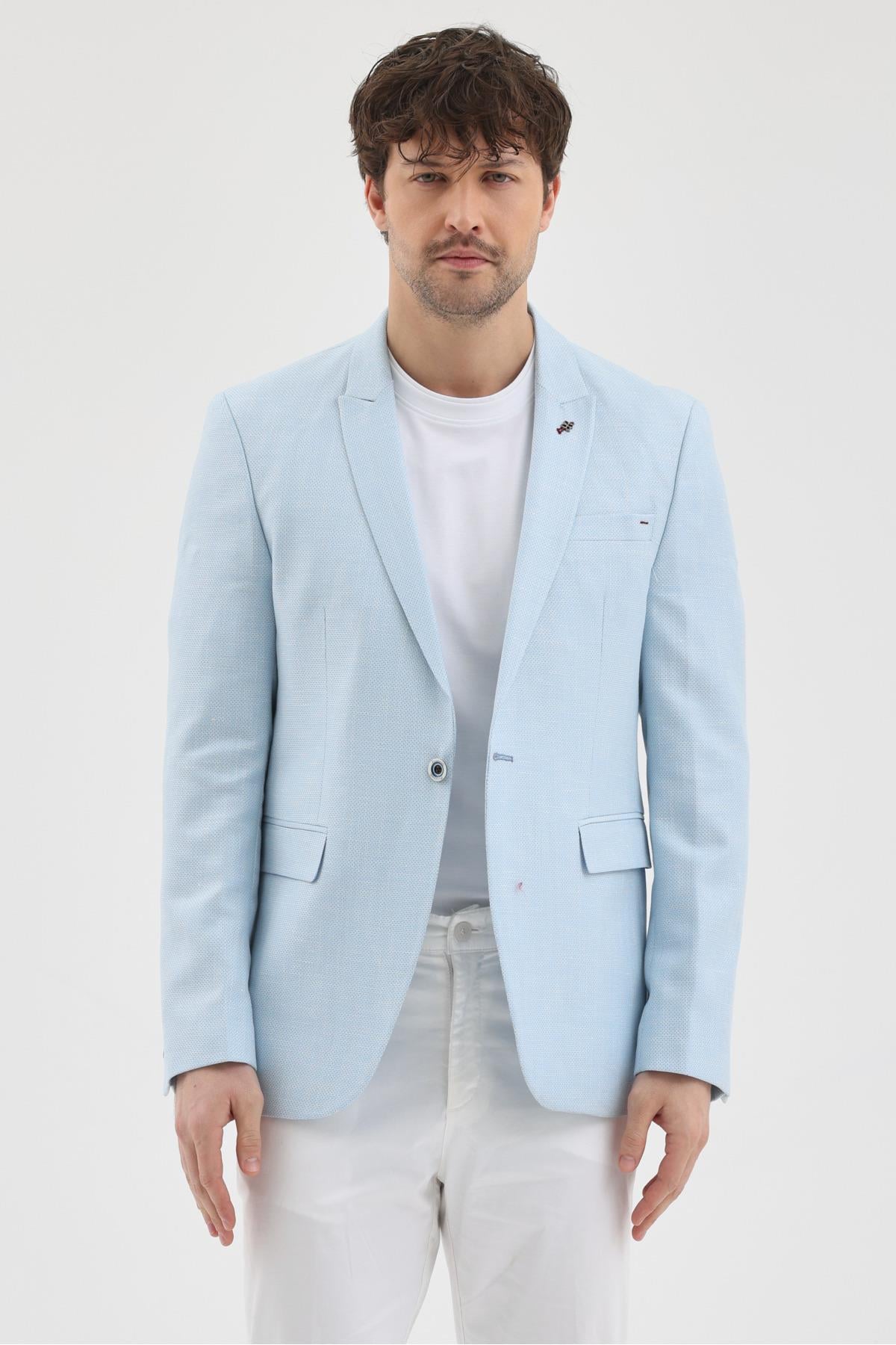 Dante Erkek Bebe Mavisi Sivri Yaka Keten Karışımlı Slim Fit Yaz Spor Blazer Ceket
