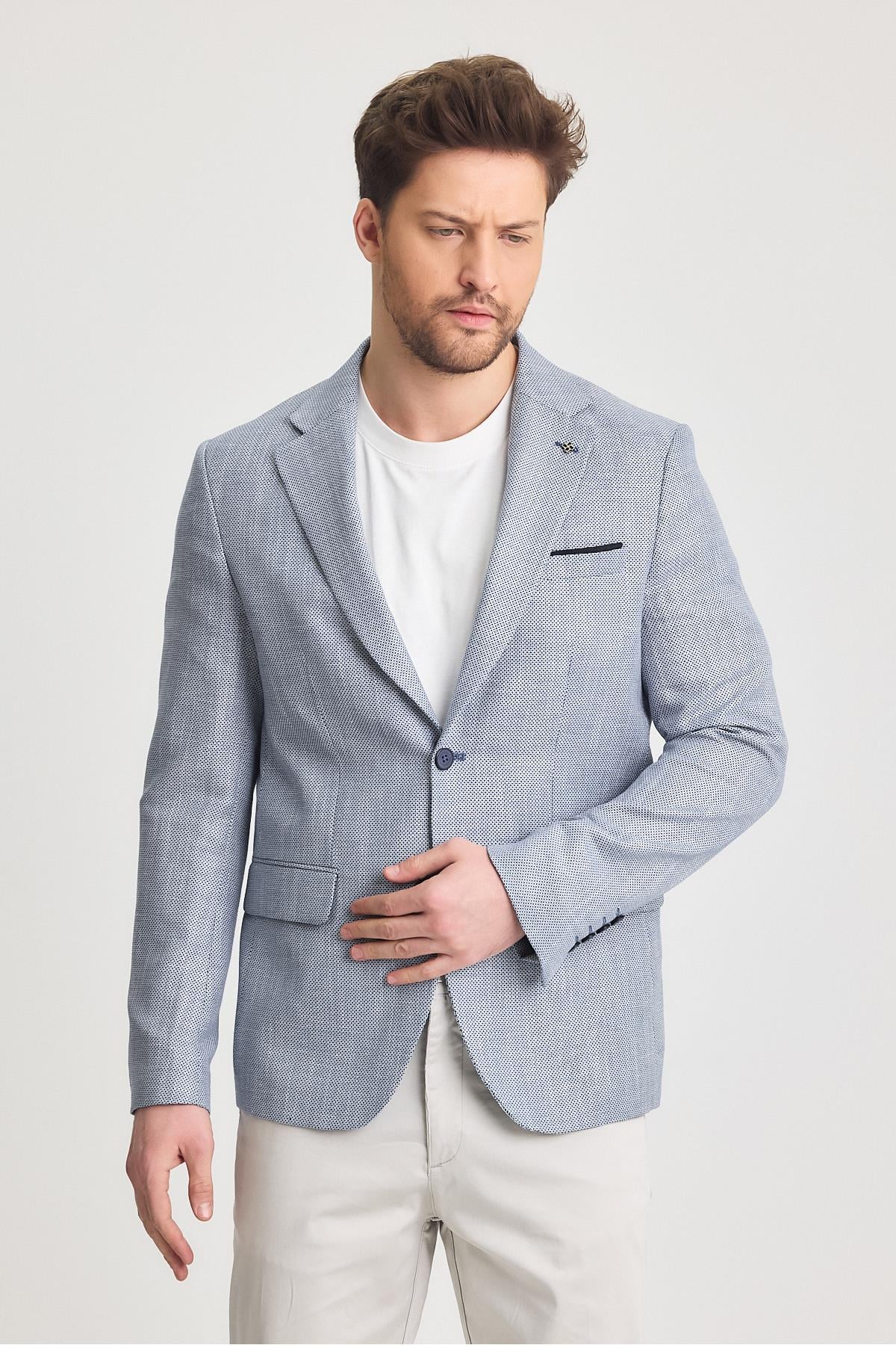 Dante Erkek Lacivert Keten Karışımlı Slim Fit Yaz Spor Blazer Ceket