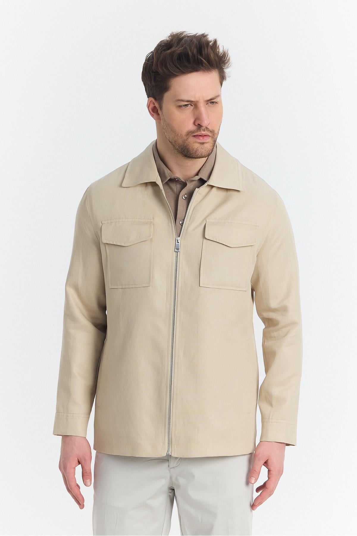 Davix  Erkek Bej İlkbahar Over Jacket İnce Ceket %100 Linen Keten Yeni Sezon