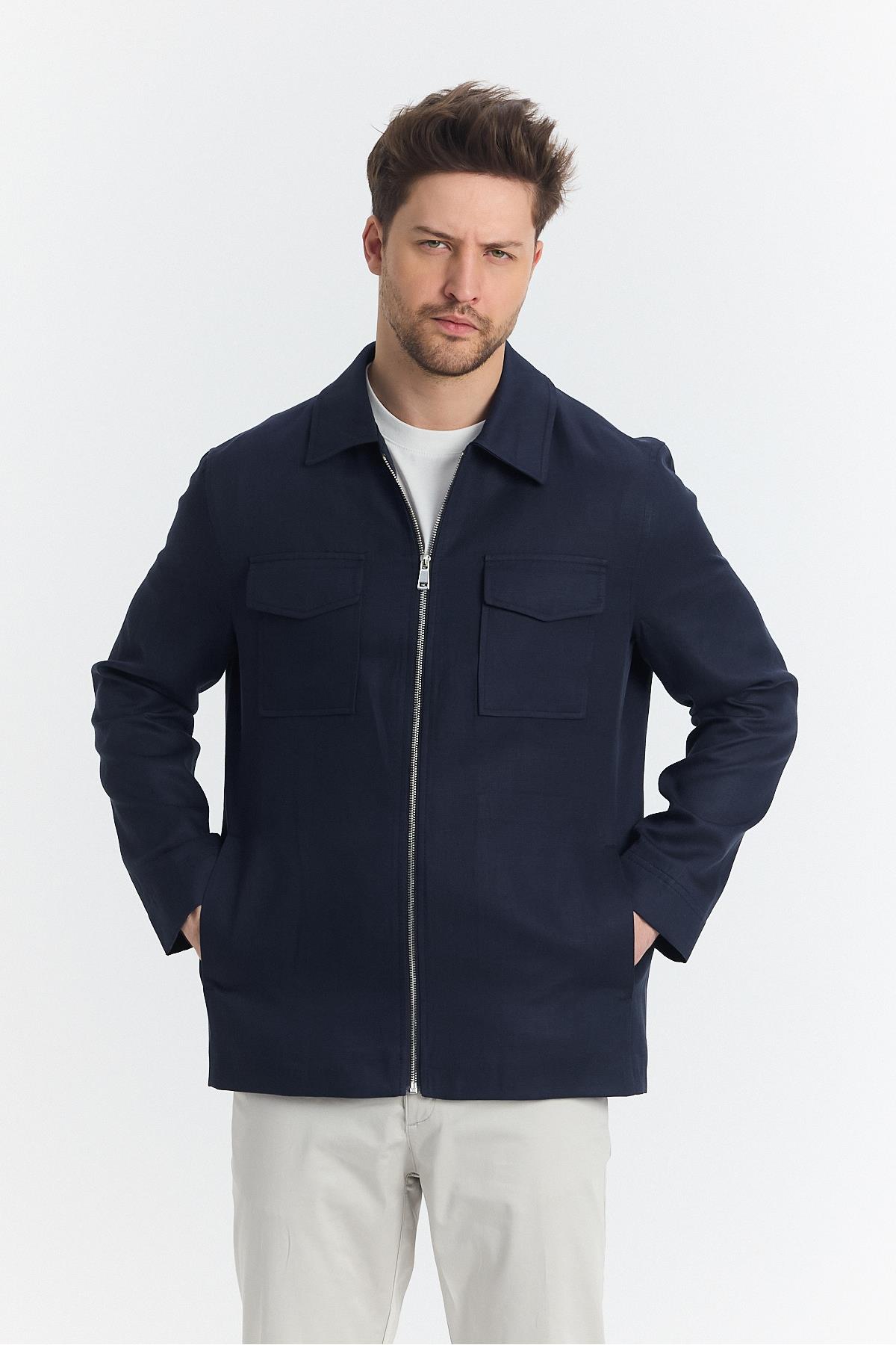 Davix  Erkek Lacivert İlkbahar Over Jacket İnce Ceket %100 Linen Keten Yeni Sezon