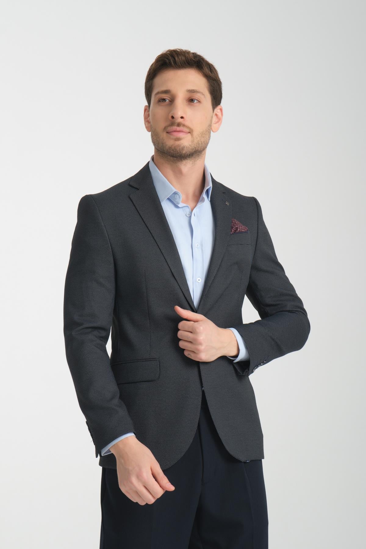 Desenli Koyu Lacivert Slim Fit Erkek Blazer Mono Yaka Spor Ceket