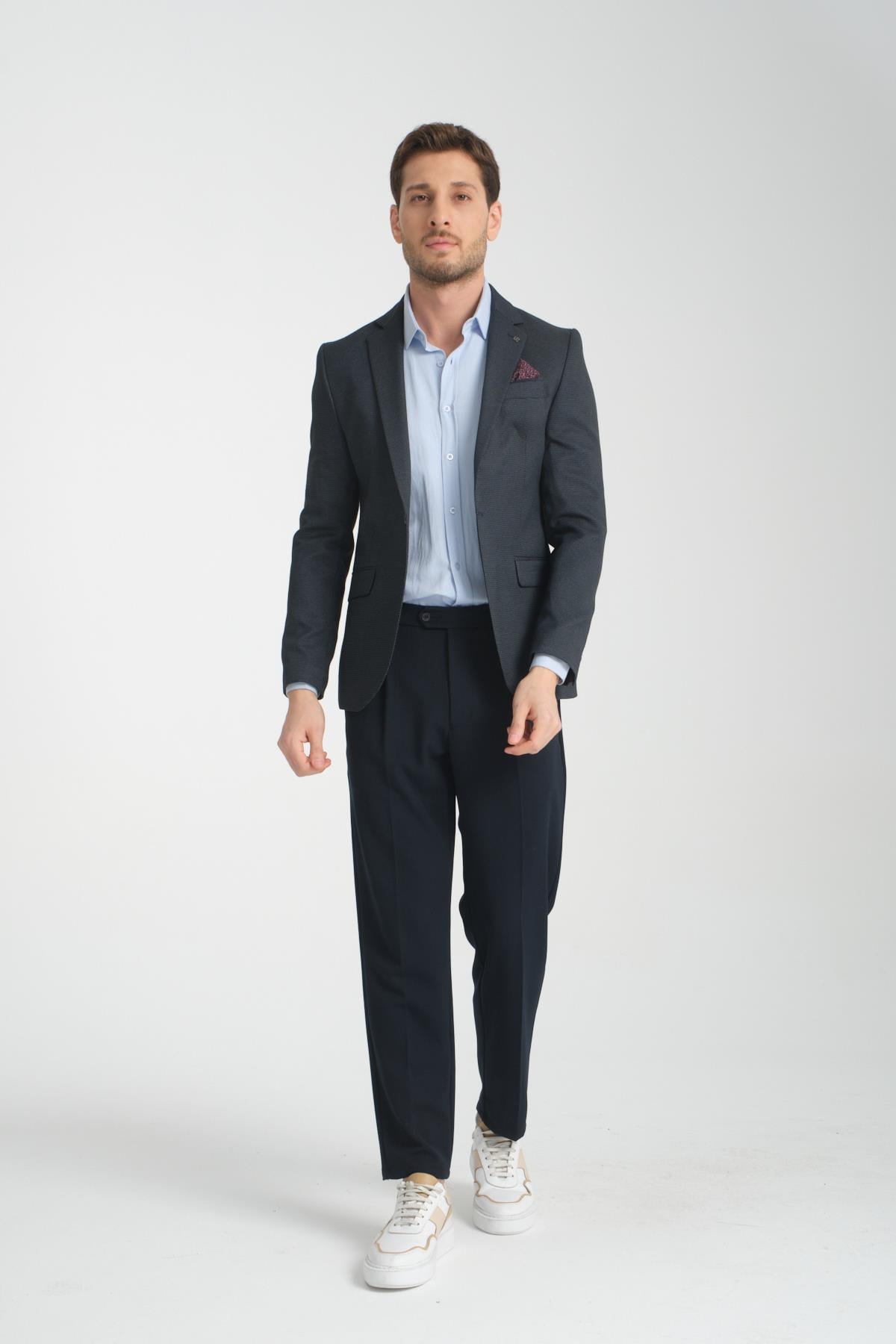 Desenli Koyu Lacivert Slim Fit Erkek Blazer Mono Yaka Spor Ceket