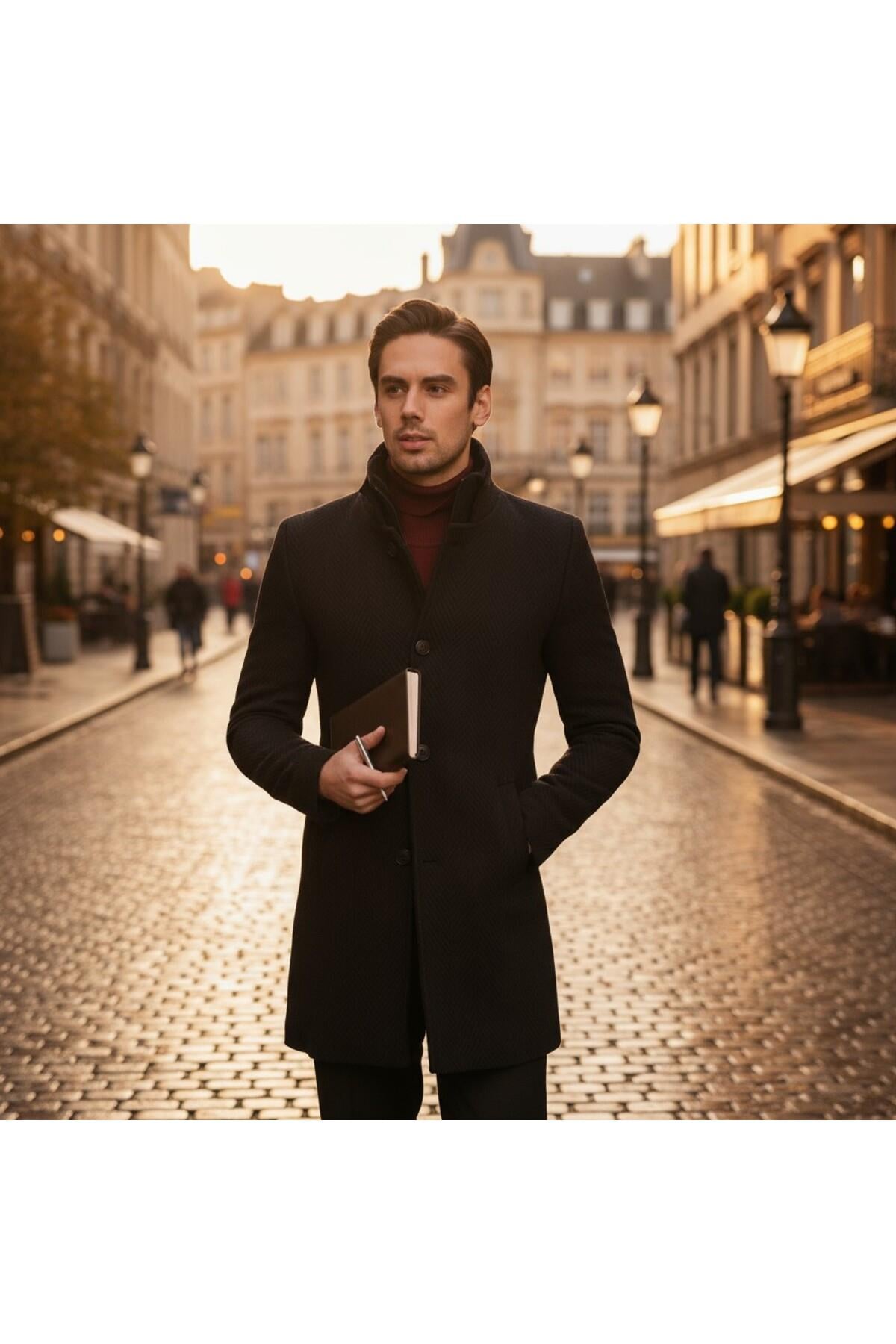 Desenli Regular Fit Erkek Kaşe Kaban Çok Kalın Çıkma Fermuarlı İçi İnce Kürklü