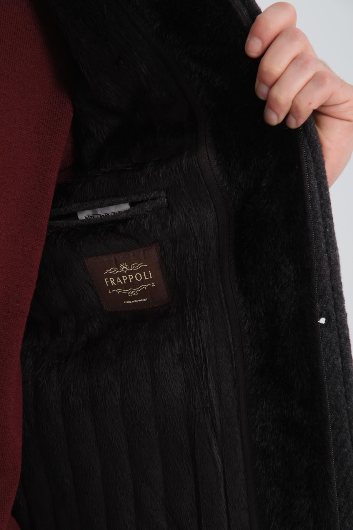 Desenli Regular Fit Erkek Kaşe Kaban Çok Kalın Çıkma Fermuarlı İçi İnce Kürklü