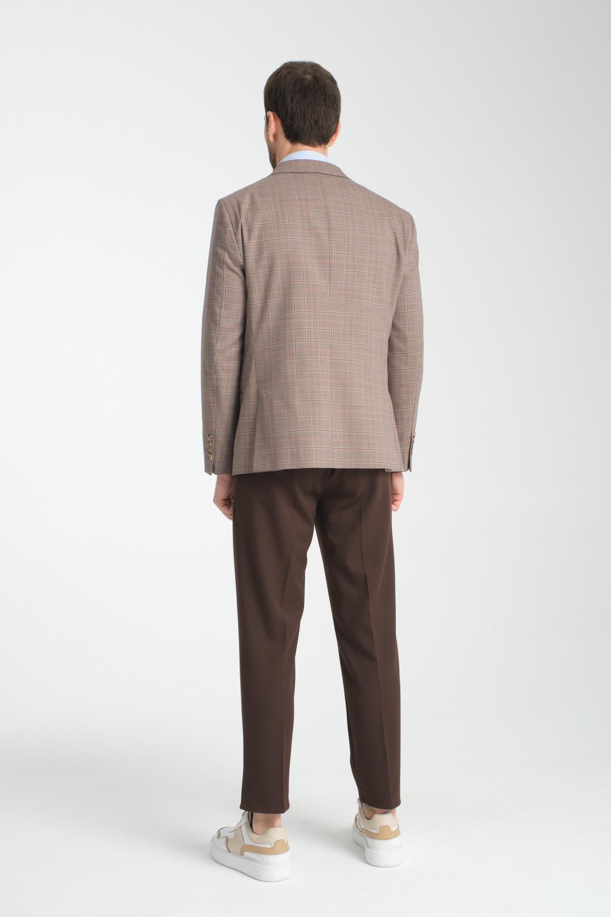 Diegos Erkek Bej Ekose Slim Fit Mono Yaka Spor Blazer Ceket
