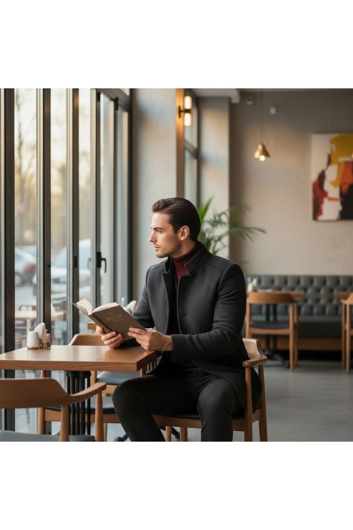Dik Yaka Desenli Erkek Kalın Kaşe Kaban-palto Çıkma Şal Yakalı Standart Fit