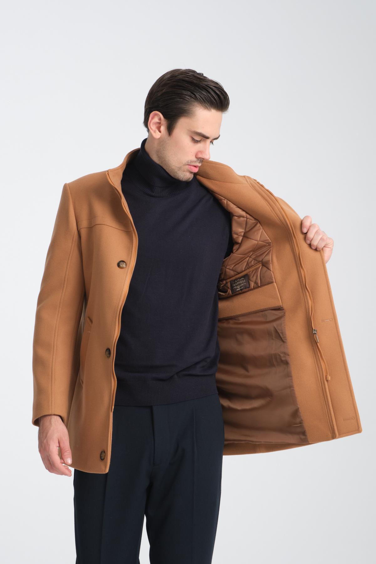 Dik Yaka Erkek Kaşe Kaban Fermuarlı Regular Fit