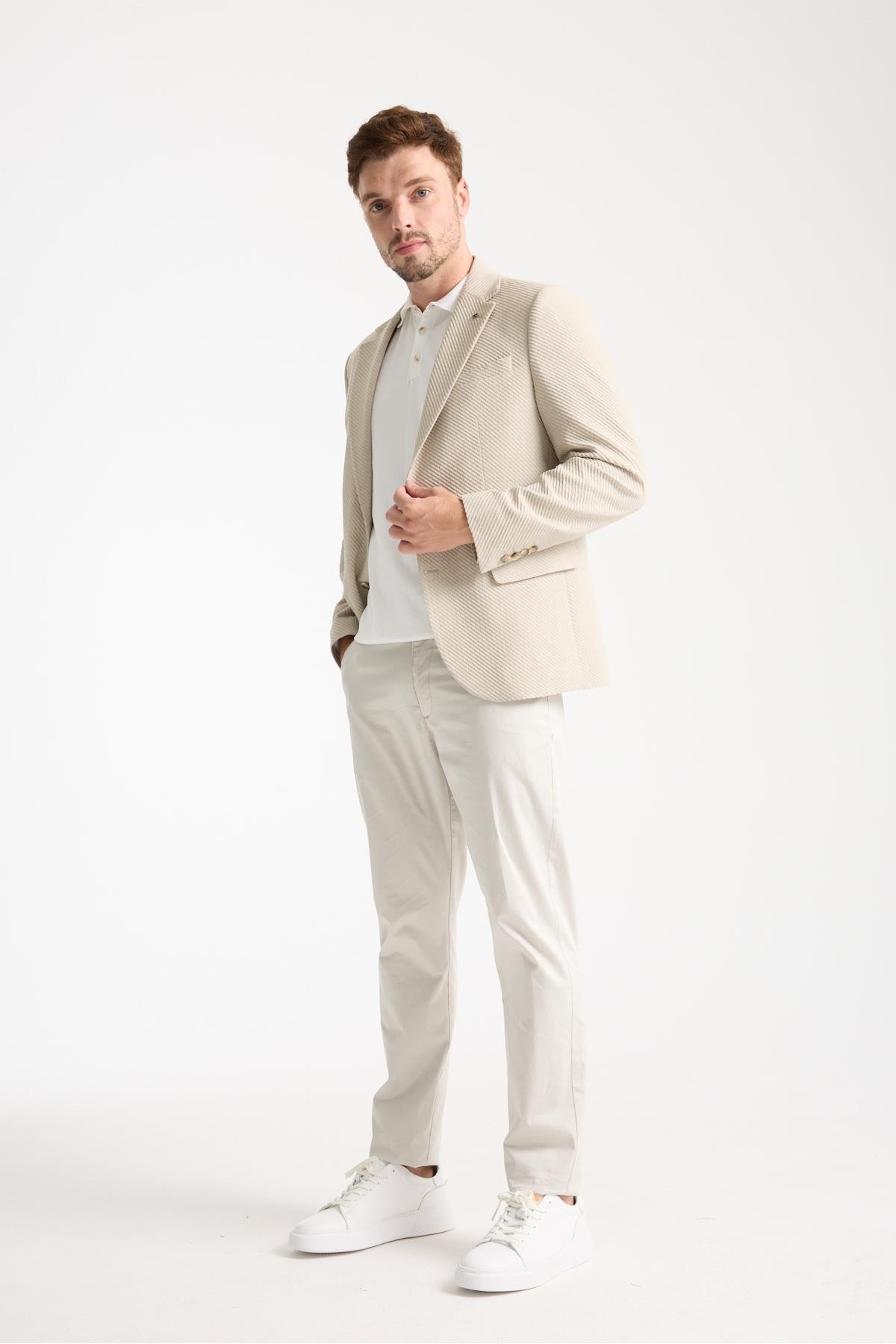 Dolex Erkek Bej Polyviskon Kumaşlı 4-Mevsim Slim Fit Mono Yaka Spor Blazer Ceket