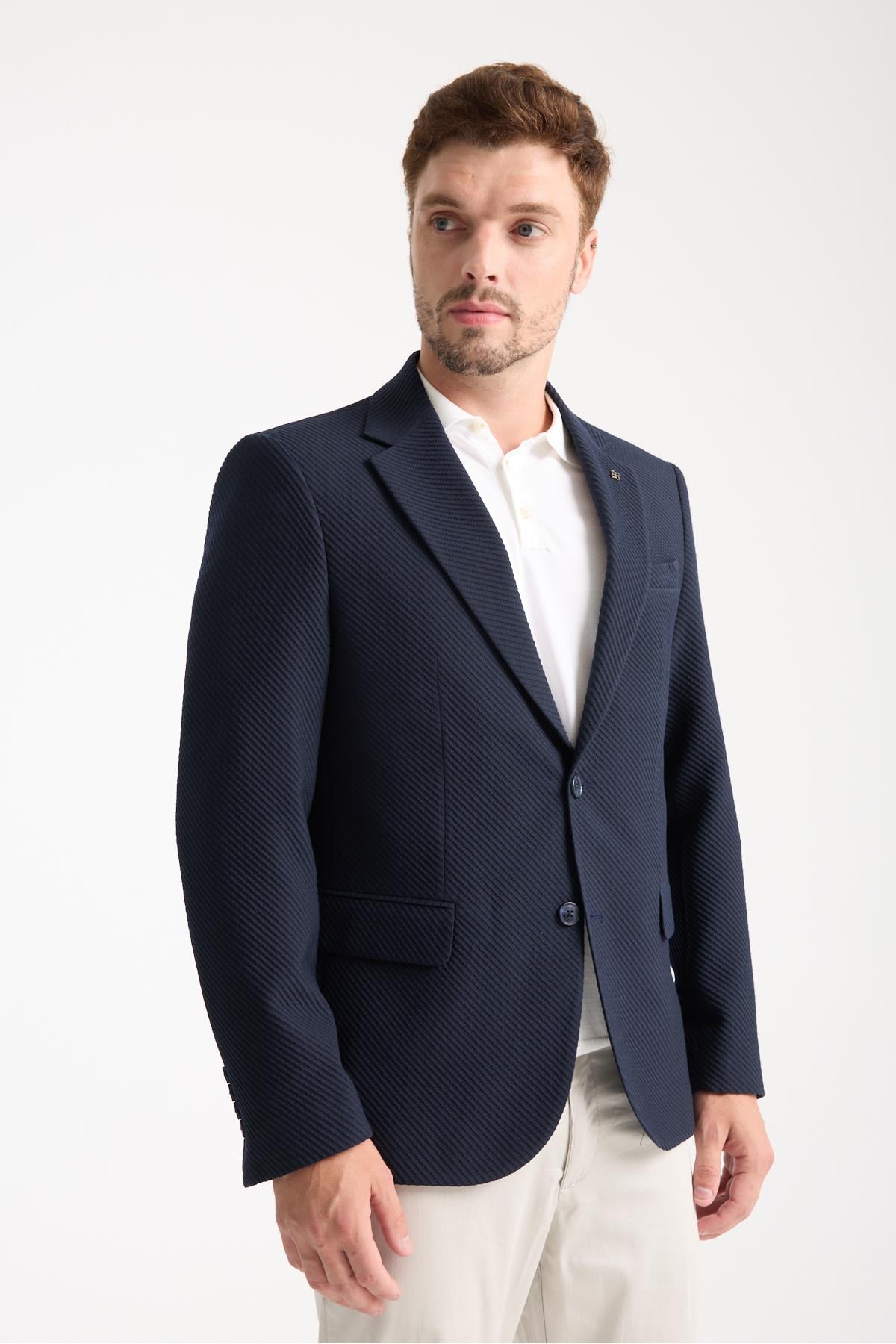 Dolex Erkek Lacivert Polyviskon Kumaşlı 4-Mevsim Slim Fit Mono Yaka Spor Blazer Ceket