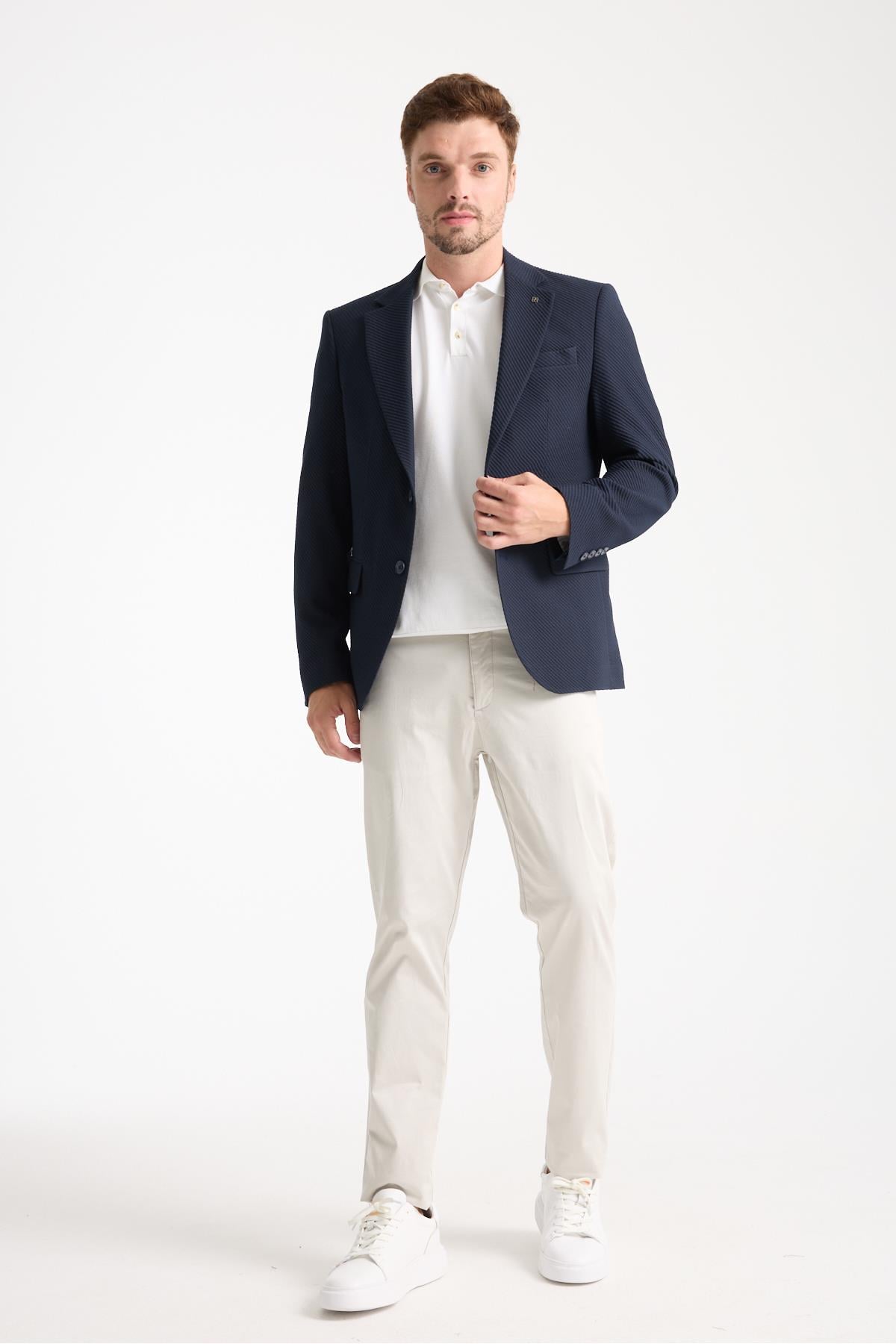 Dolex Erkek Lacivert Polyviskon Kumaşlı 4-Mevsim Slim Fit Mono Yaka Spor Blazer Ceket