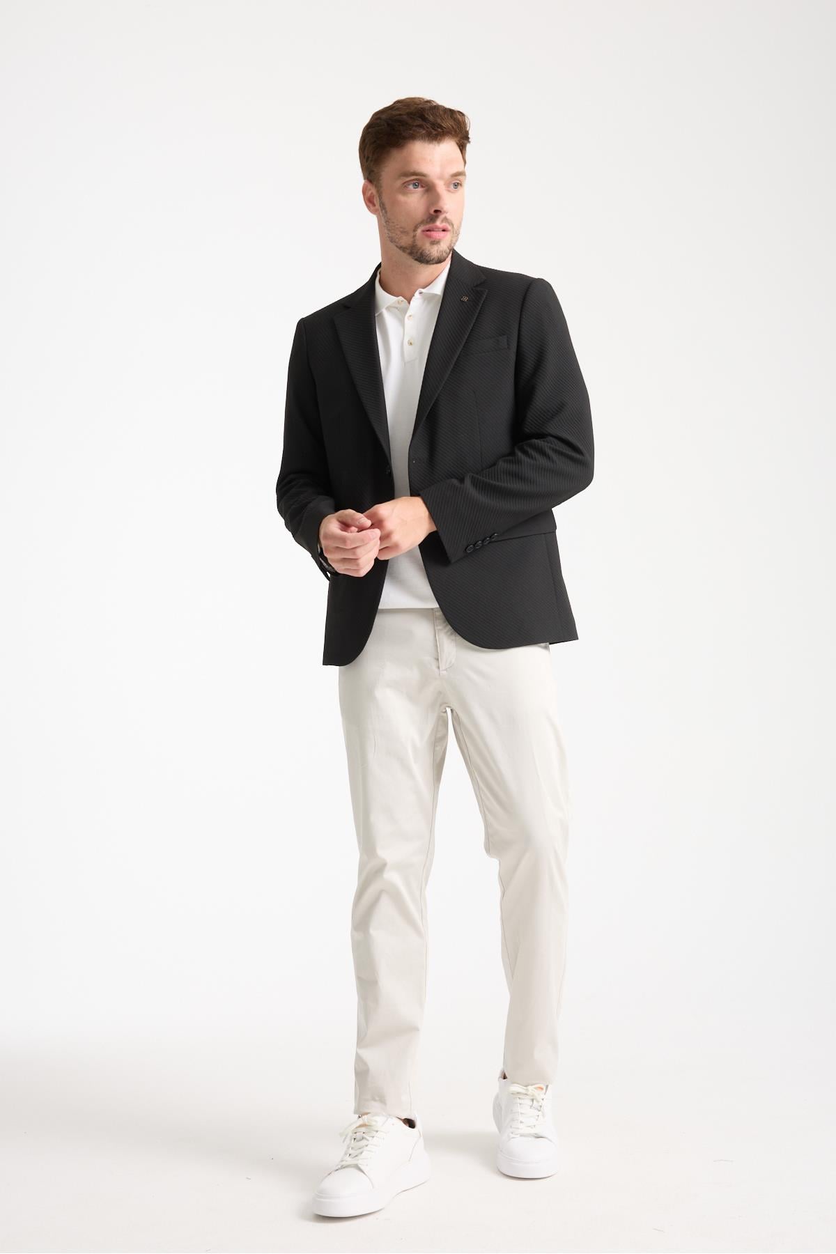 Dolex Erkek Siyah Polyviskon Kumaşlı 4-Mevsim Slim Fit Mono Yaka Spor Blazer Ceket