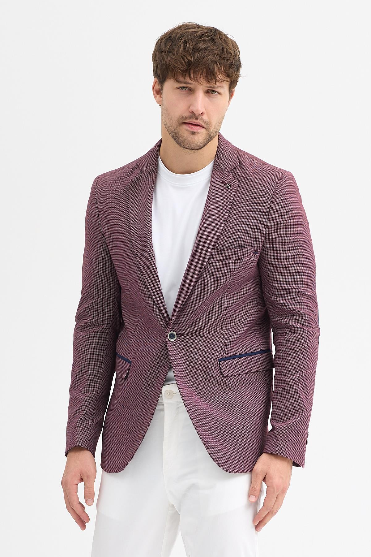 Domingos Erkek Bordo Pamuklu Dirsekli Slim Fit Spor Blazer Ceket