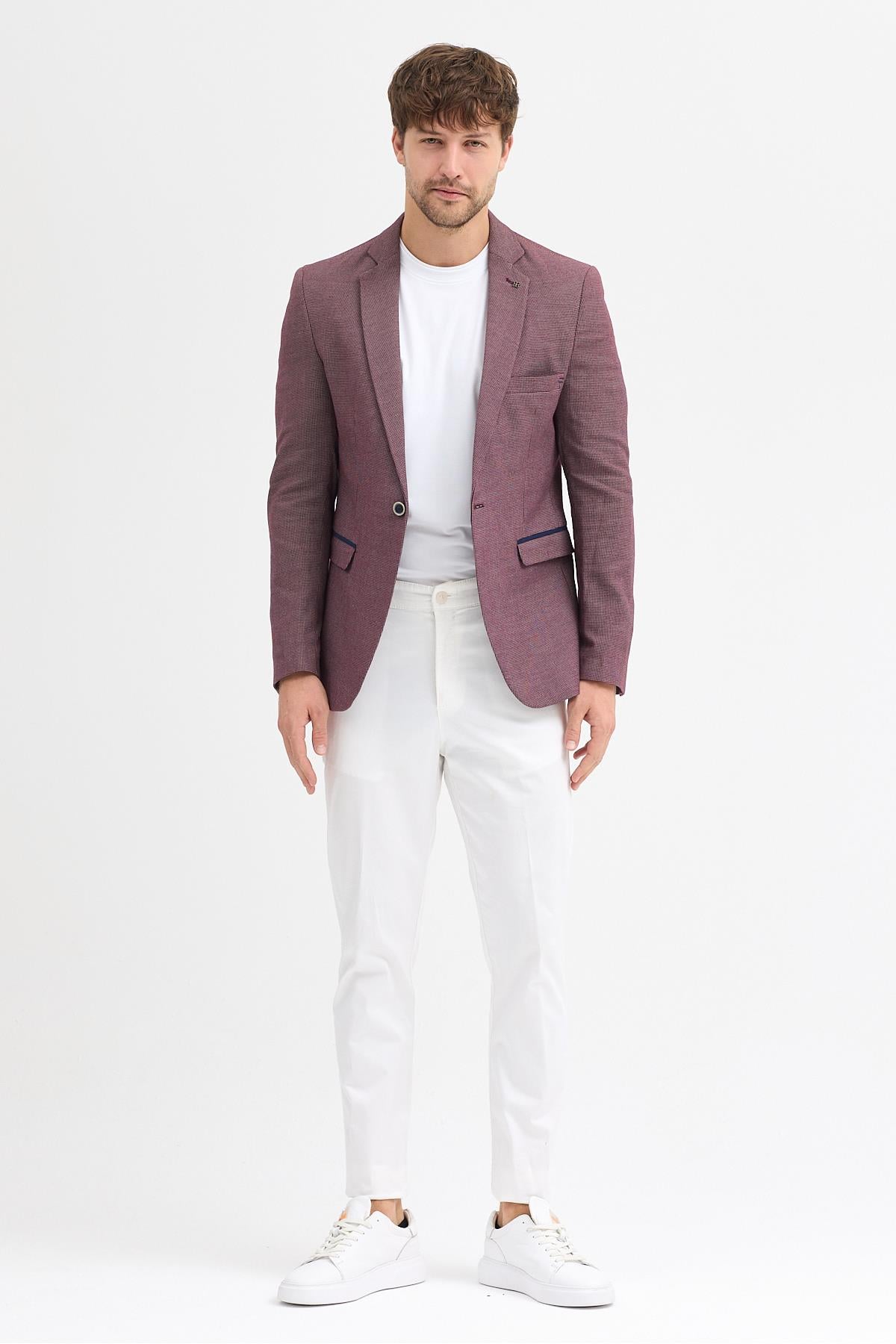 Domingos Erkek Bordo Pamuklu Dirsekli Slim Fit Spor Blazer Ceket