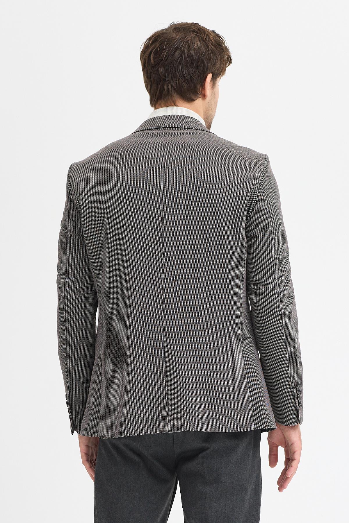 Dorra Erkek Siyah-Gri Pamuk Karışımlı Esnek Kumaşlı Armürlü Mono Yaka Spor Slim Fit Blazer Ceket