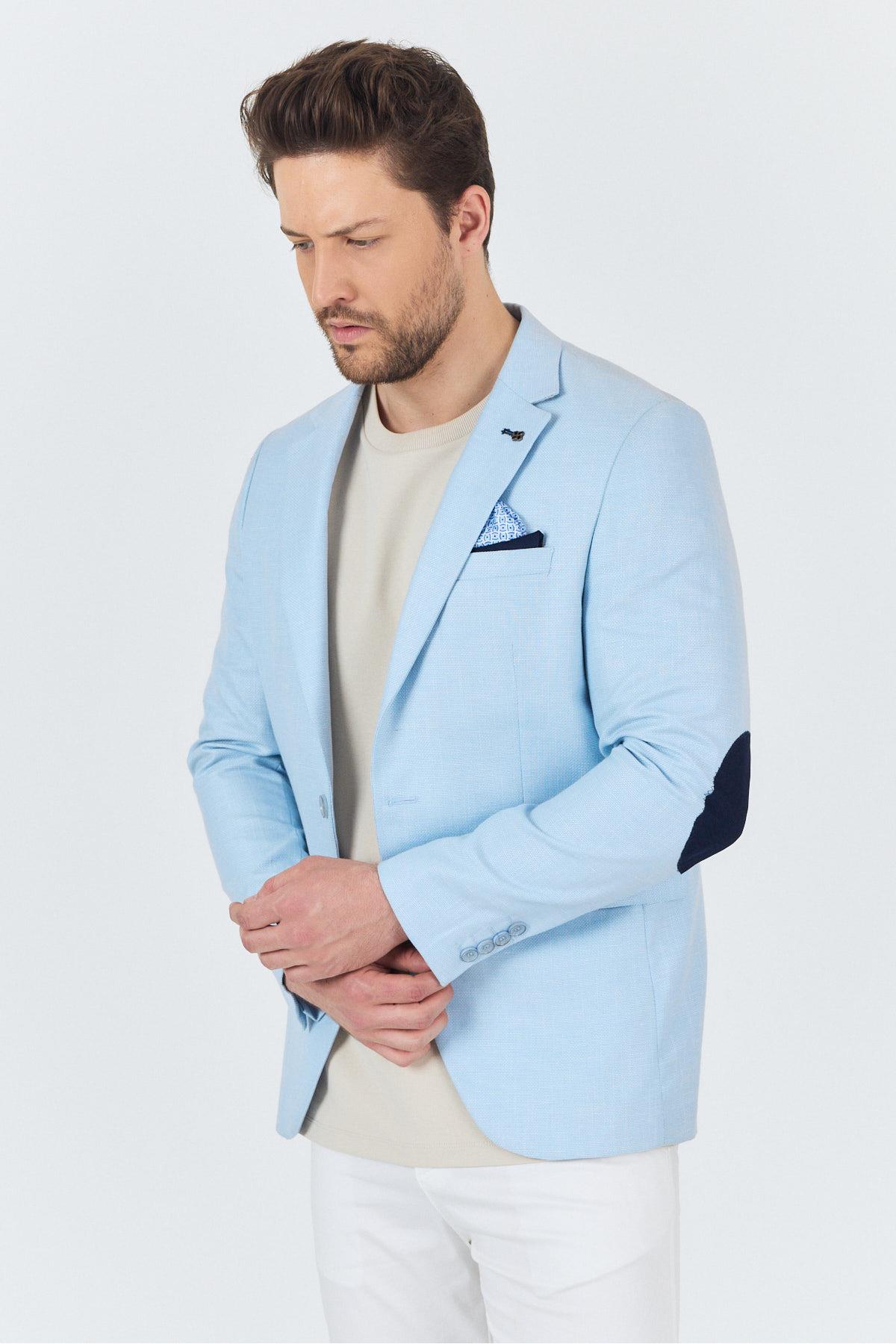 Dozari Dirsekli Erkek Buz Mavi Keten Karışımlı Slim Fit İlkbahar-Yazlık Spor Blazer Ceket
