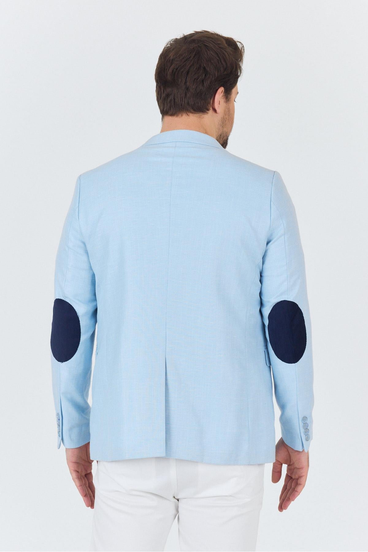 Dozari Dirsekli Erkek Buz Mavi Keten Karışımlı Slim Fit İlkbahar-Yazlık Spor Blazer Ceket