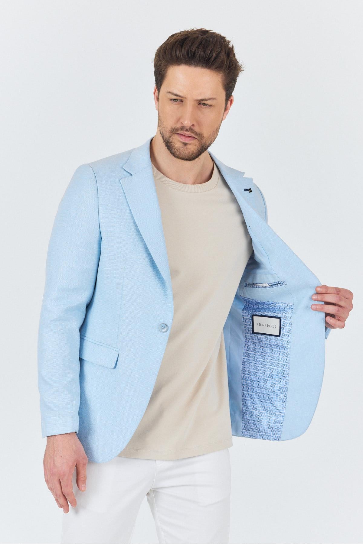 Dozari Dirsekli Erkek Buz Mavi Keten Karışımlı Slim Fit İlkbahar-Yazlık Spor Blazer Ceket