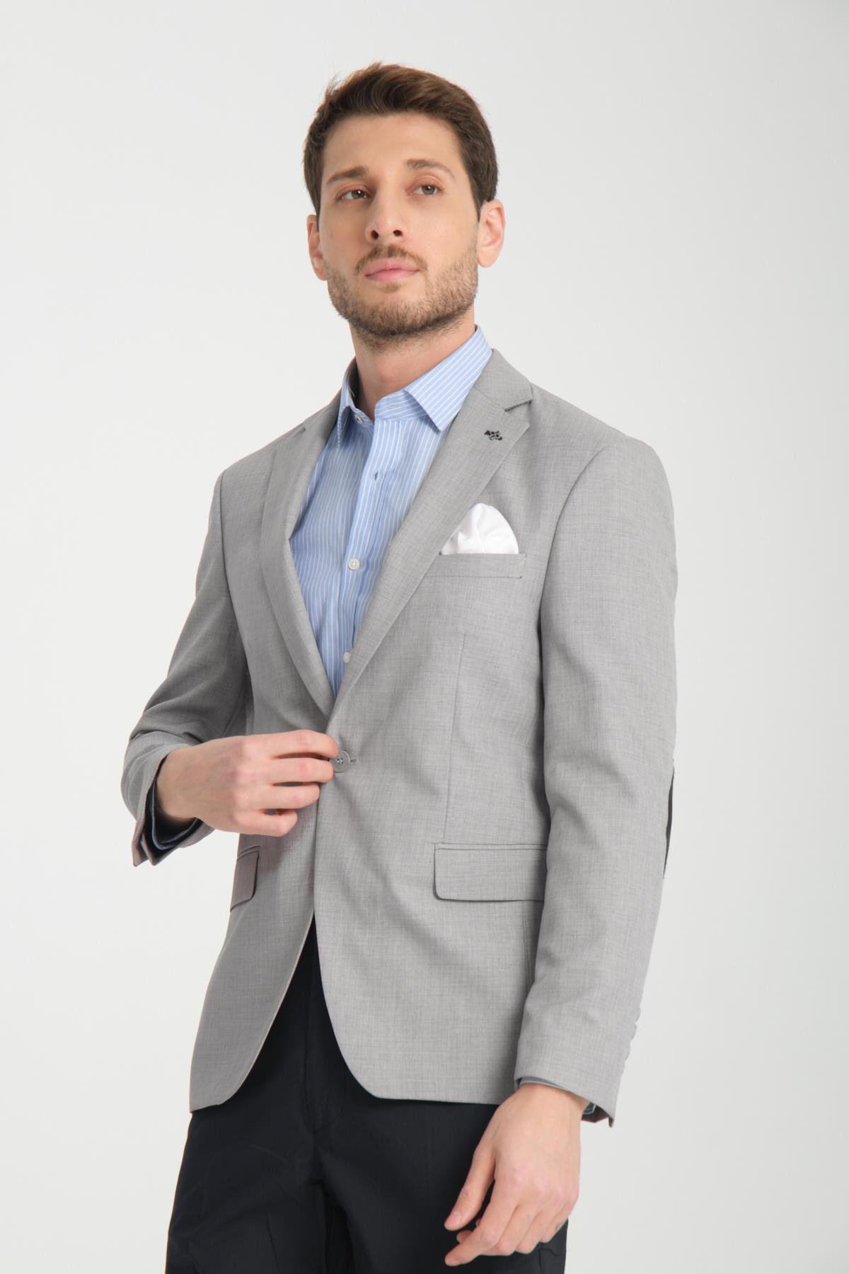 Drs Pieros Erkek Gri Pamuk Karışımlı Slim Fit Dar Kesim Dirseği Süetli Dört Mevsim Blazer Ceket