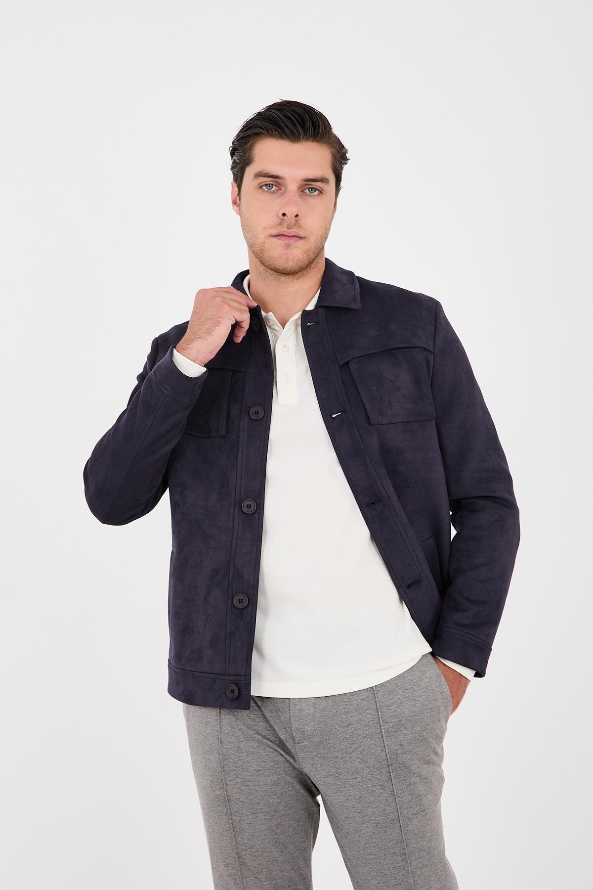 Dügmeli Spor Erkek Slim Fit Süet Mont