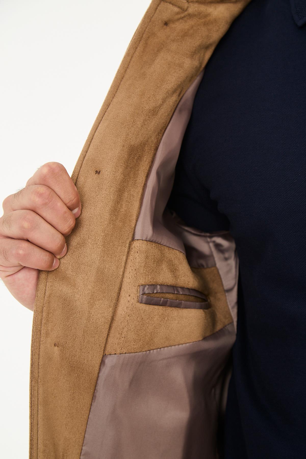 Dügmeli Spor Erkek Slim Fit Süet Trençkot-Mont