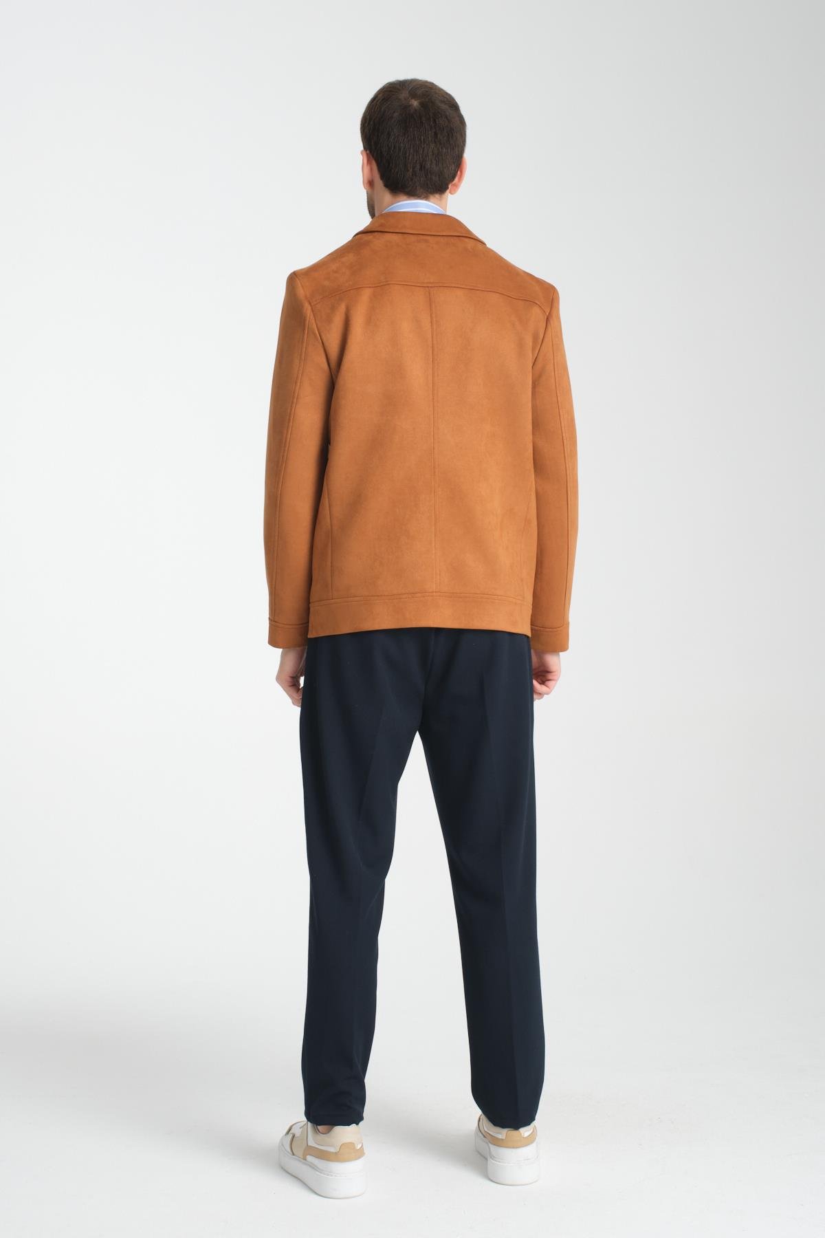 Dügmeli Spor Erkek Slim Fit Süet Trençkot-Mont