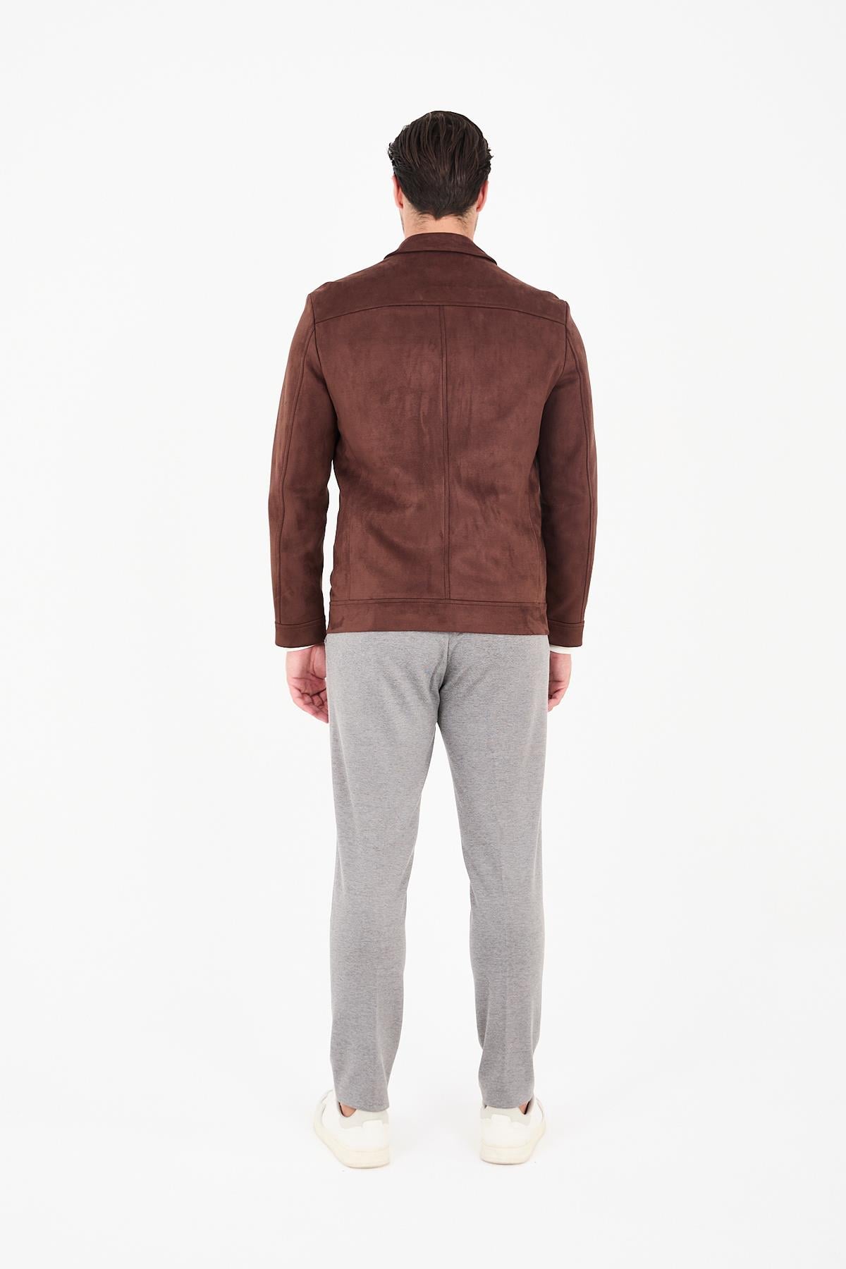 Dügmeli Spor Erkek Slim Fit Süet Trençkot-Mont