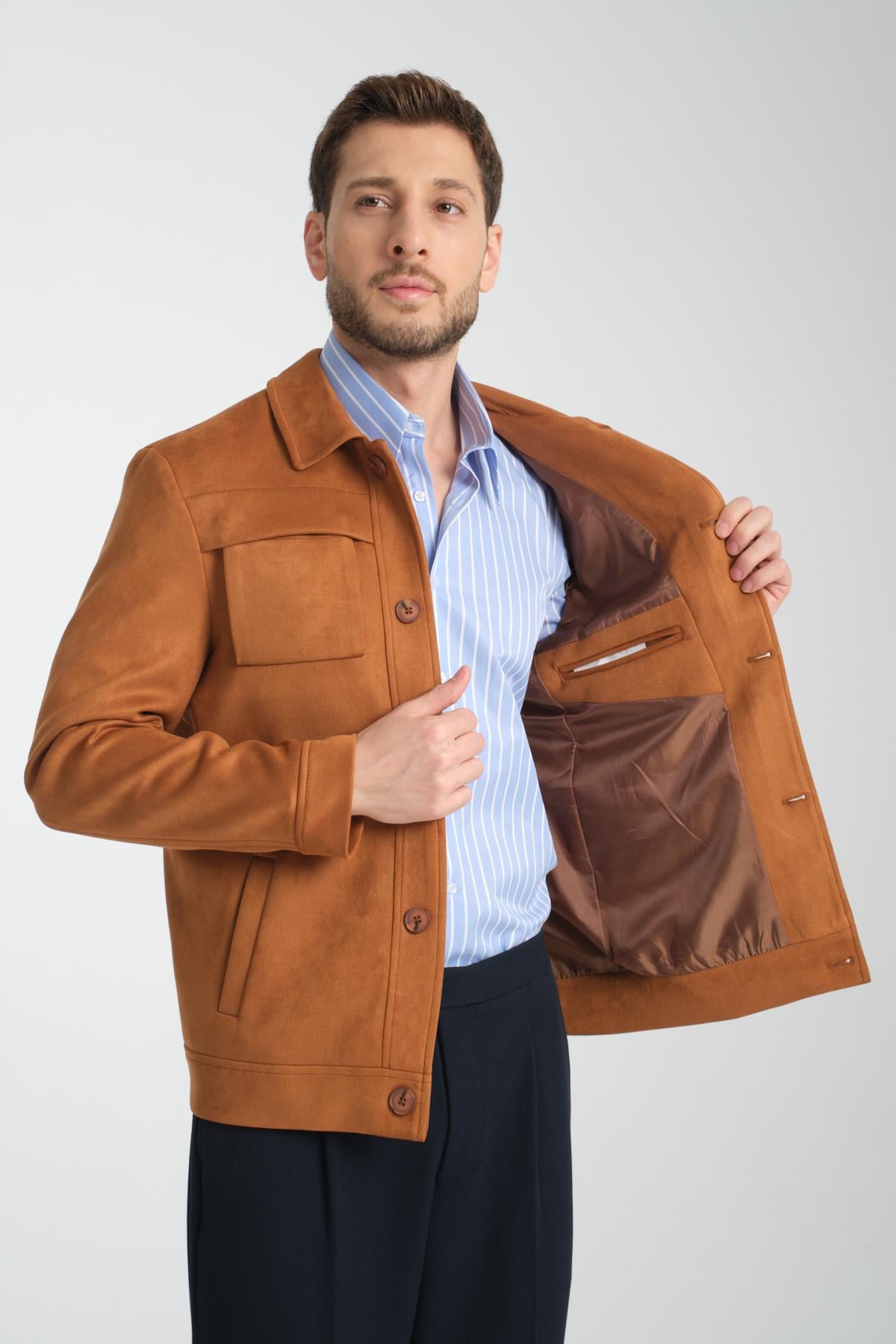 Dügmeli Spor Erkek Slim Fit Süet Trençkot-Mont