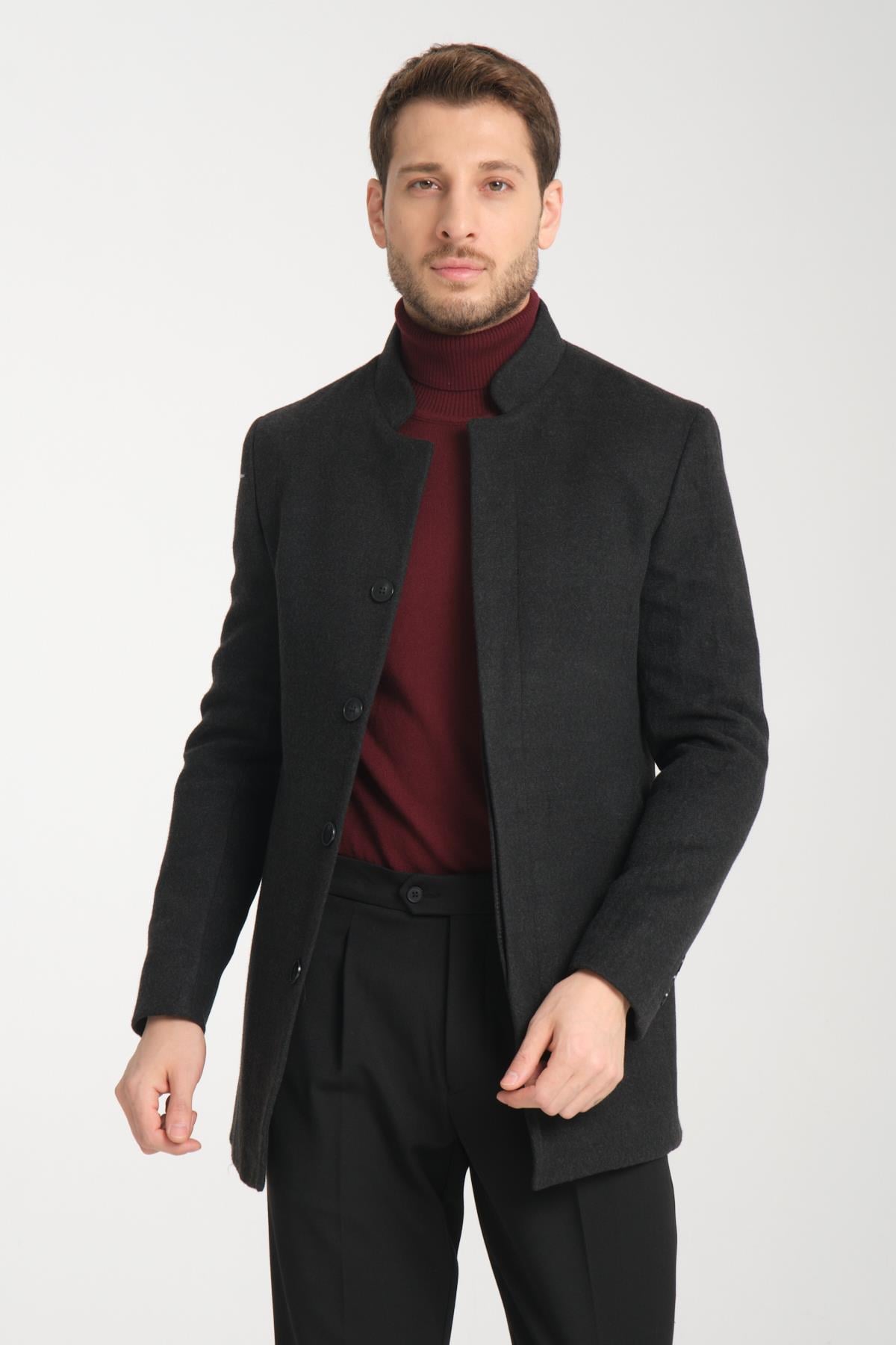 Düz Erkek Regular Fit Dik Yaka Kaşe Kaban