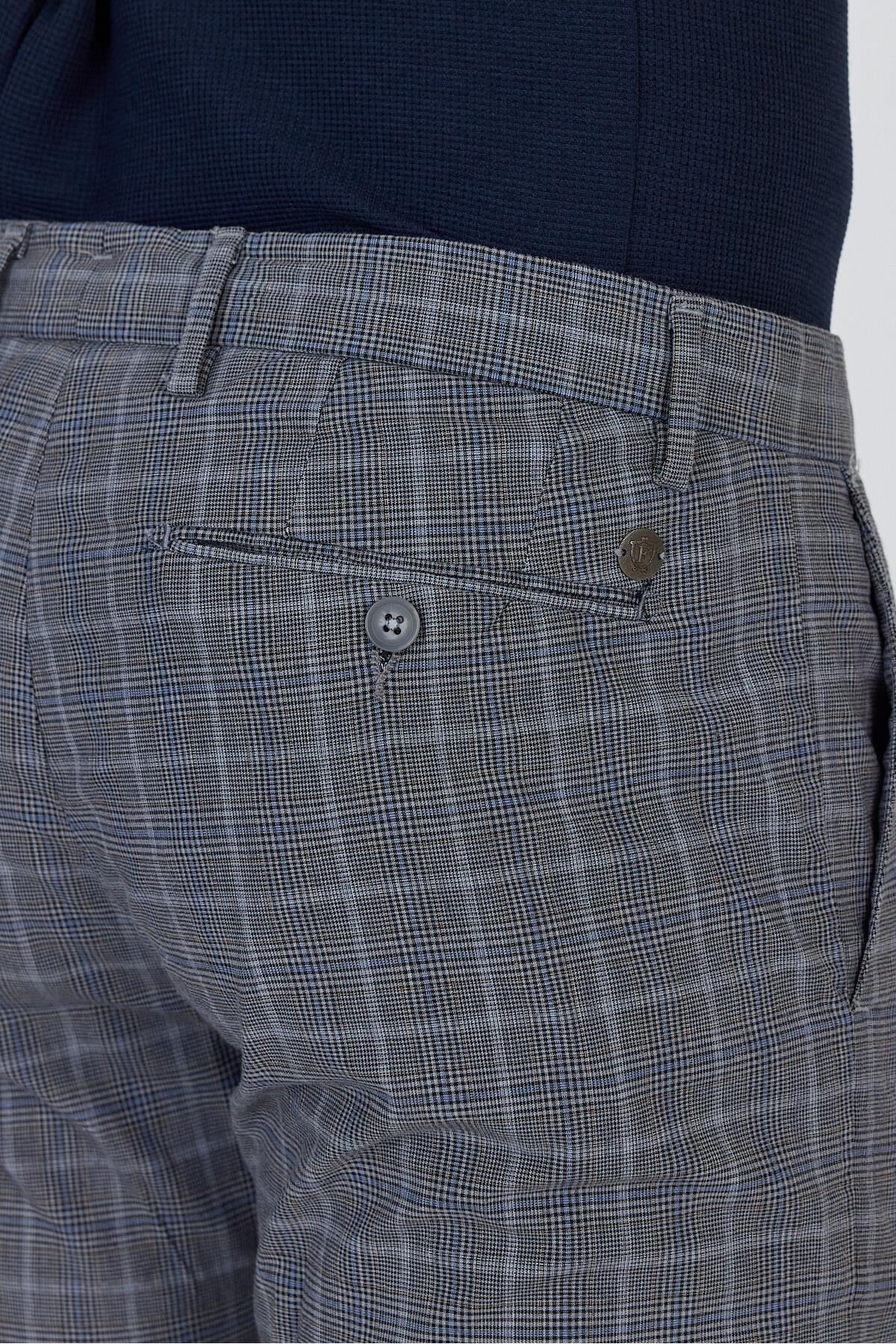 Ecmio Erkek Navy Ekose Keten Görünümlü İnce İlkbahar-Yaz Slim Fit Pantalon