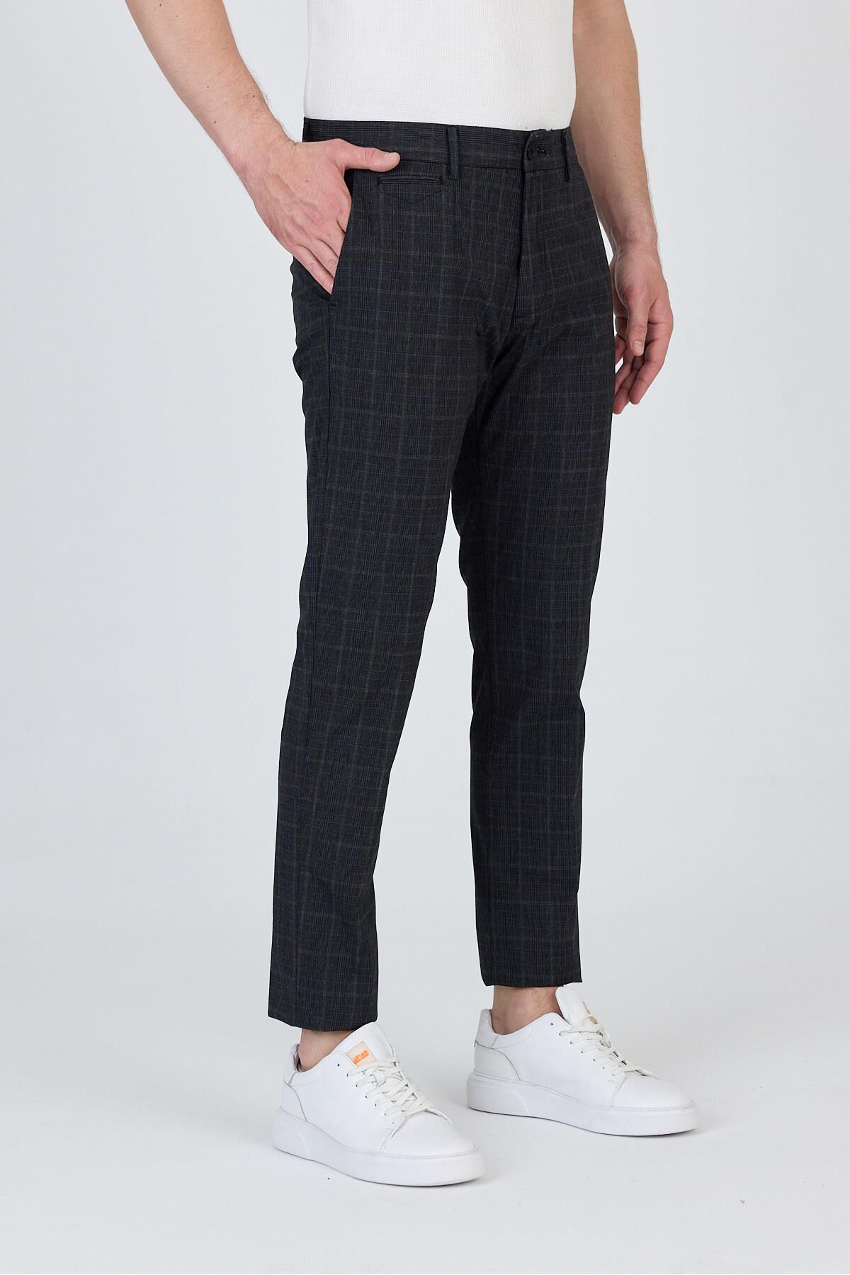 Ecmio Erkek Siyah Ekose Keten Görünümlü İnce İlkbahar-Yaz Slim Fit Pantalon