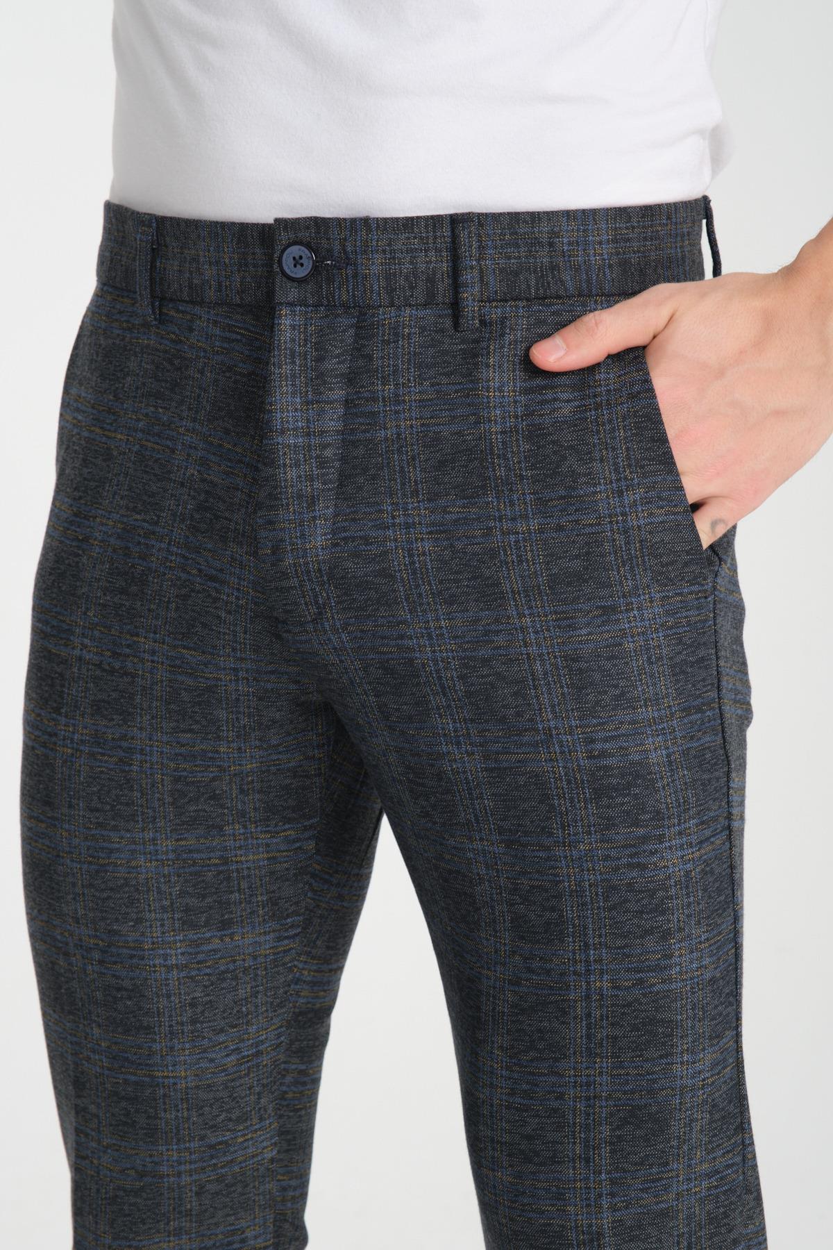 Ekose Desenli Erkek Yandan Cepli Klasik Bel Slim Fit Chino Pantolon