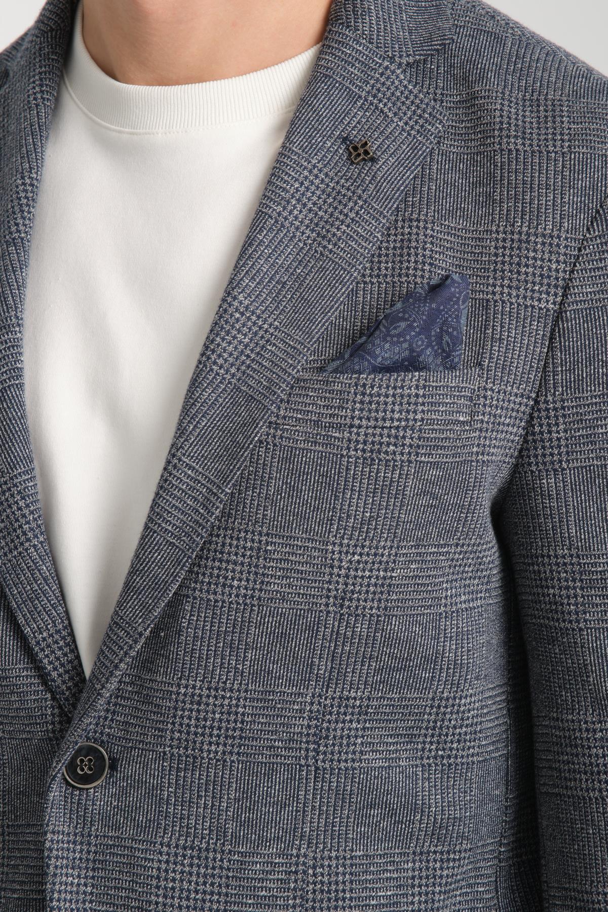Ekose Desenli Modern Erkek Blazer Mono Yaka Esneyen Astarsız Ceket