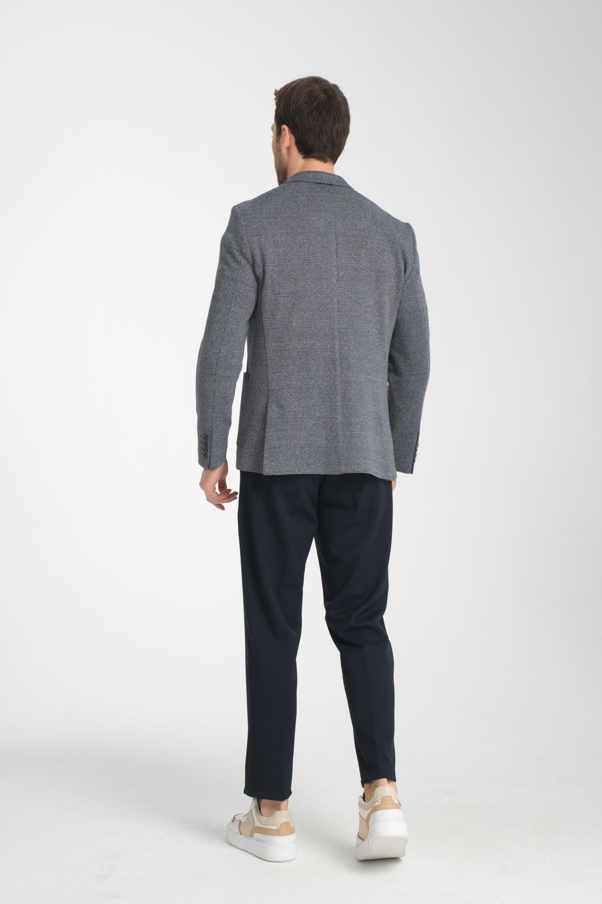 Ekose Desenli Modern Erkek Blazer Mono Yaka Esneyen Astarsız Ceket