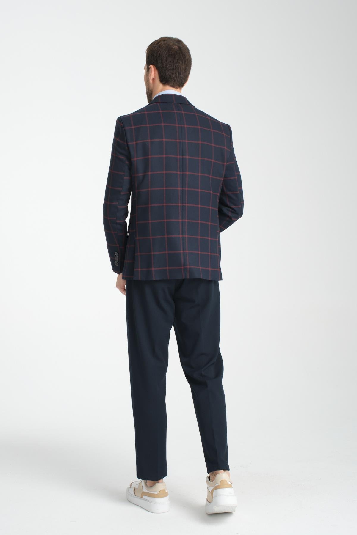 Ekose Desenli Mono Yaka Slim Fit Blazer Tek Ceket