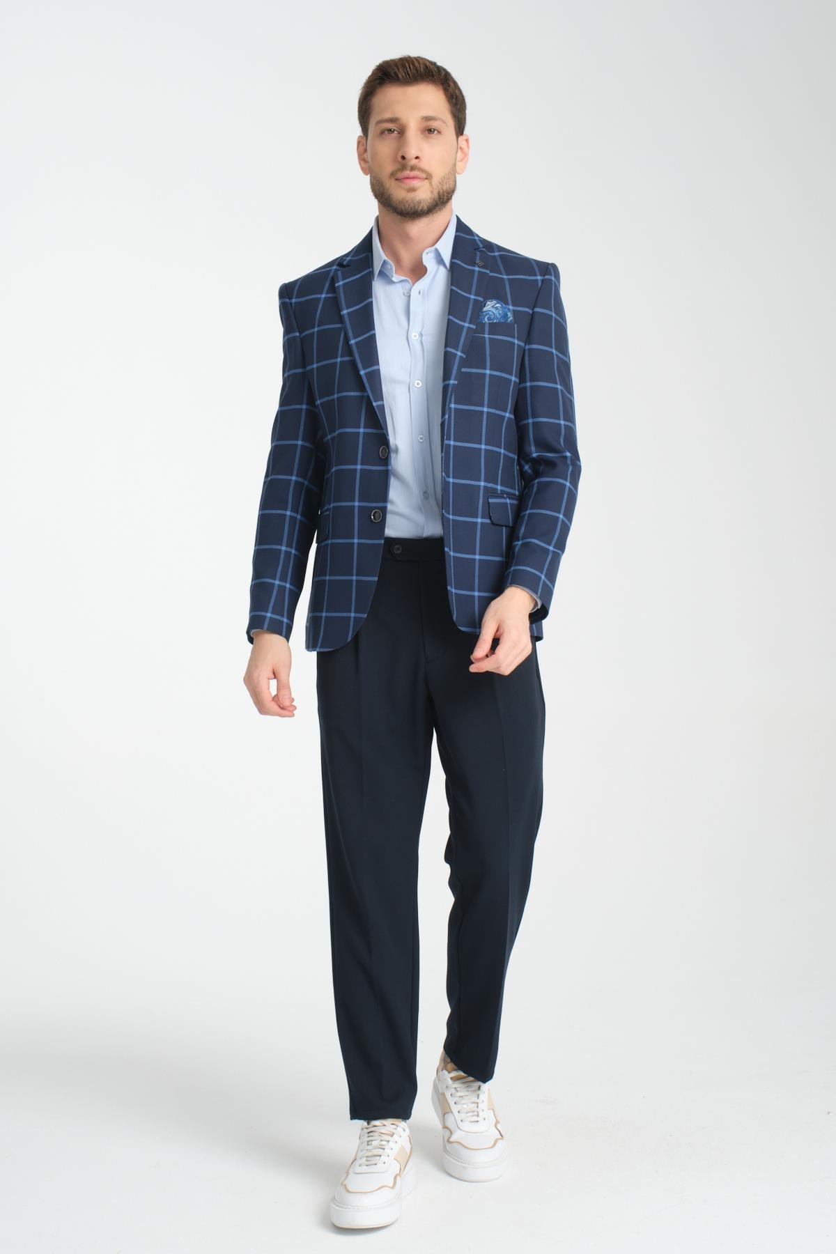 Ekose Desenli Mono Yaka Slim Fit Blazer Tek Ceket