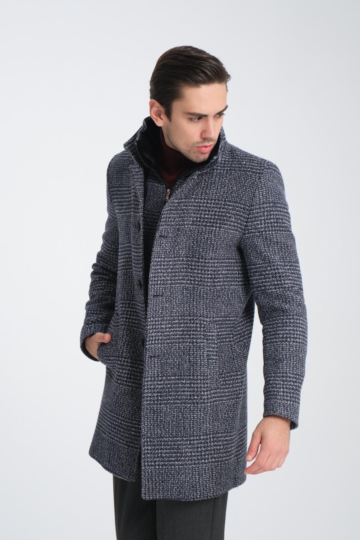 Ekose Desenli Regular Fit Erkek Kaşe Kaban Çok Kalın Çıkma Fermuarlı İçi İnce Kürklü