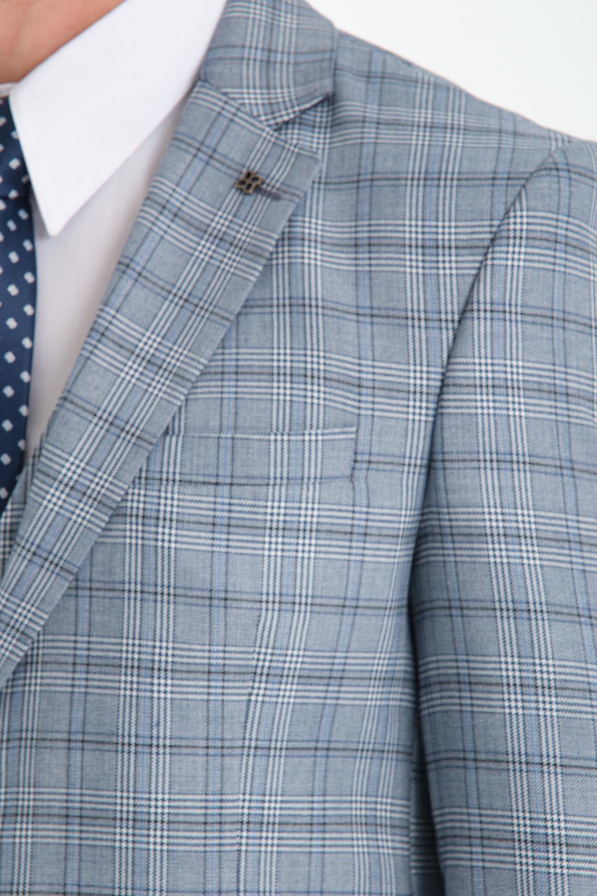 Ekose Desenli Slim Fit Erkek Mono Yaka Çift Yırtmaçlı Astarlı Takim Elbise