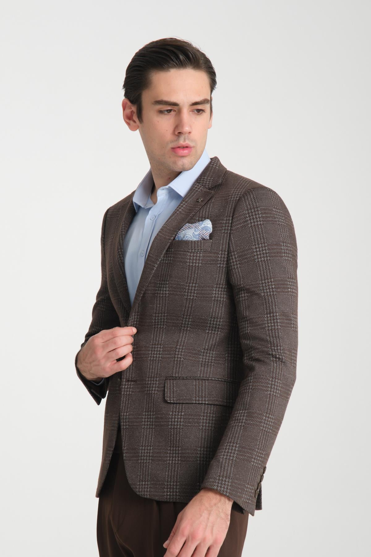 Eleventy Erkek Kahve Likralı Pamuk Karışımlı Ekose Desenli Slim Fit Spor Blazer Ceket