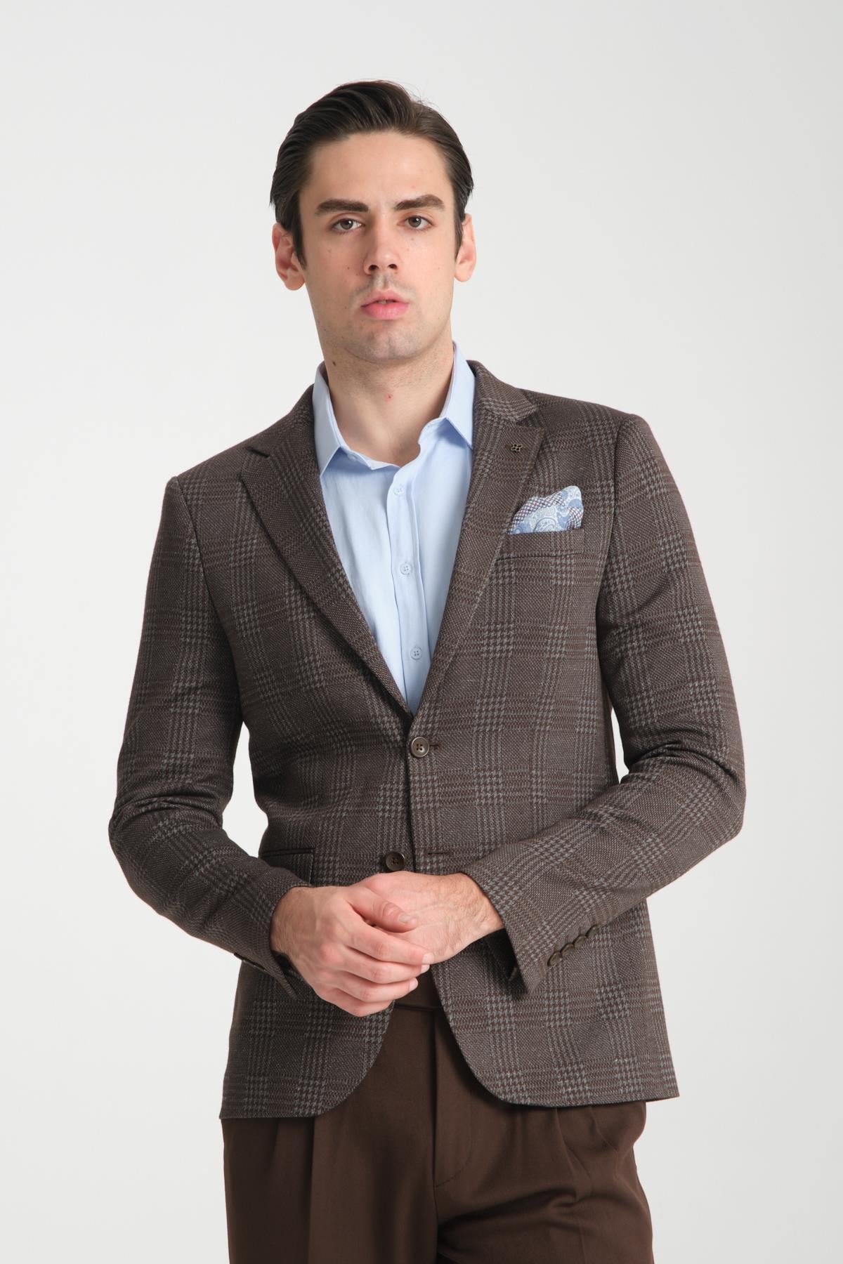 Eleventy Erkek Kahve Likralı Pamuk Karışımlı Ekose Desenli Slim Fit Spor Blazer Ceket