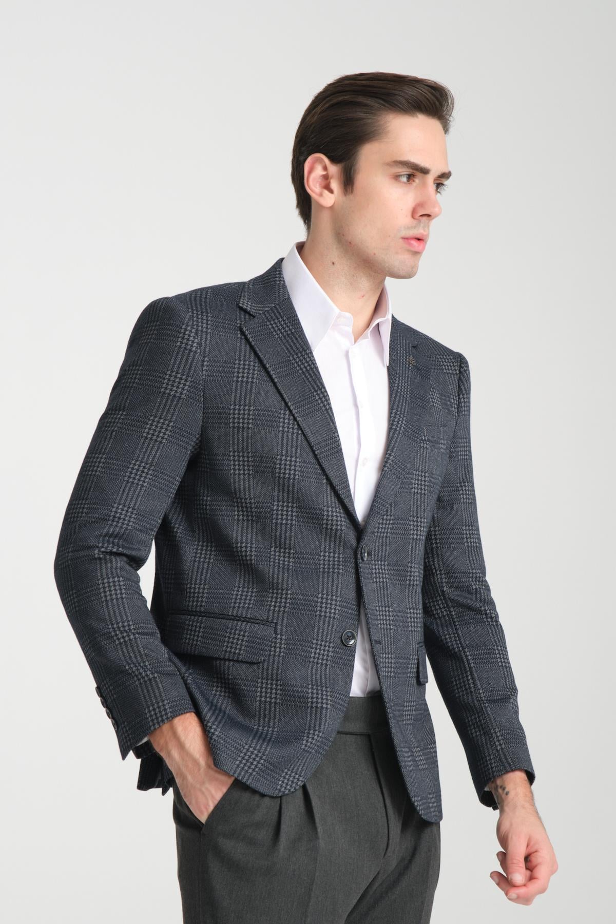 Eleventy Erkek Lacivert Likralı Pamuk Karışımlı Ekose Desenli Slim Fit Spor Blazer Ceket