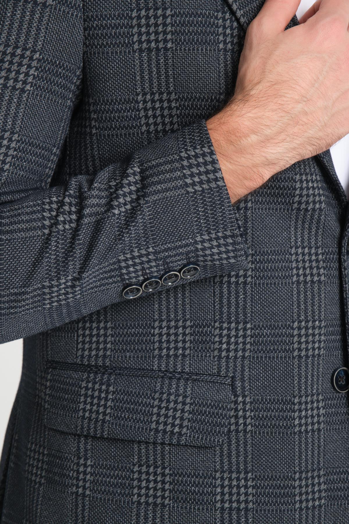 Eleventy Erkek Lacivert Likralı Pamuk Karışımlı Ekose Desenli Slim Fit Spor Blazer Ceket