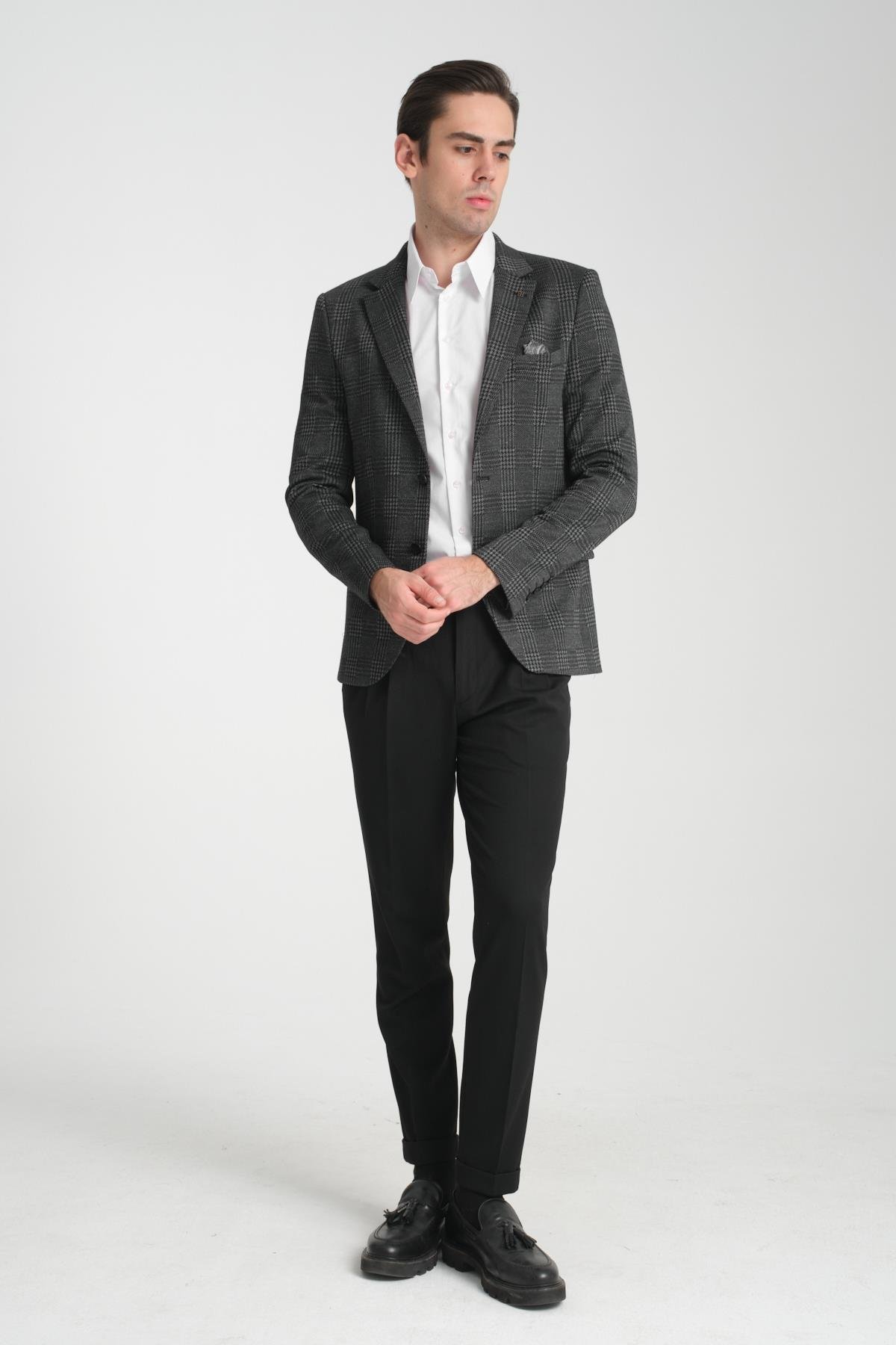 Eleventy Erkek Siyah Likralı Pamuk Karışımlı Ekose Desenli Slim Fit Spor Blazer Ceket
