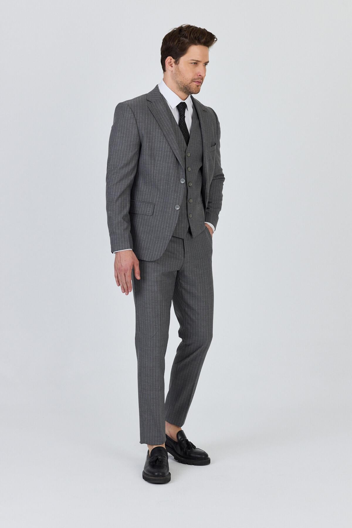 Erkek Açık Gri İtalyan Çizgili Ceket+Pantolon+Yelekli Slim Fit Takim Elbise