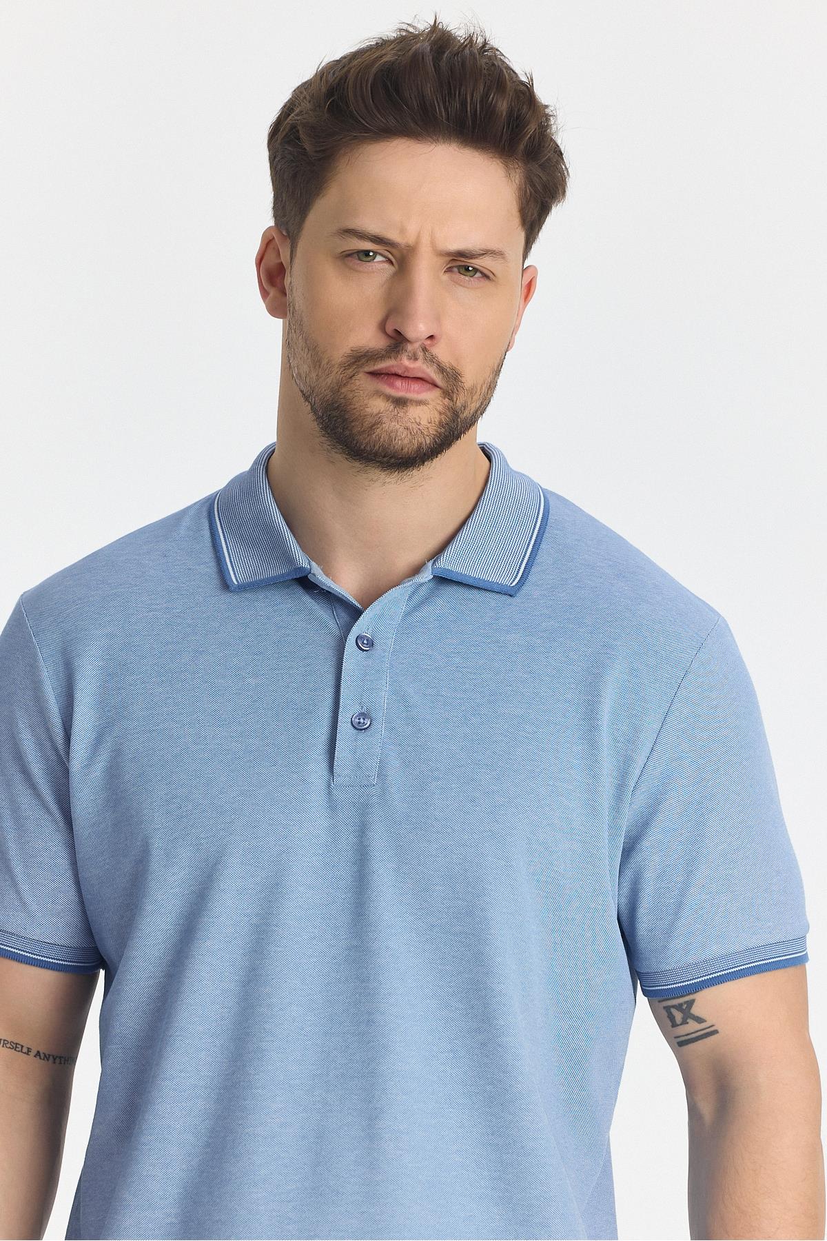 Erkek Çekmeyen 100% Pamuklu Kumaş Slim Fit Dar Kesim Indigo Kıvrılmaz Polo Yaka Tişört