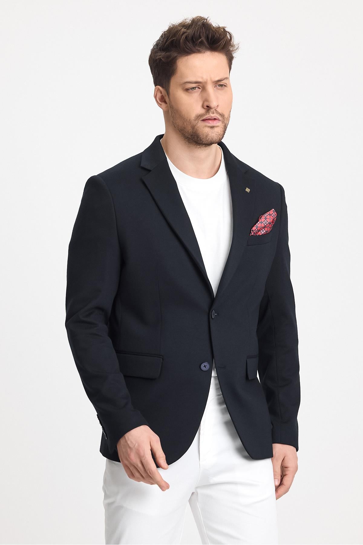 Erkek Düz 360 Her Yöne Esneyen Slim Fit Dar Kesim Mono Yaka Basic Blazer Ceket