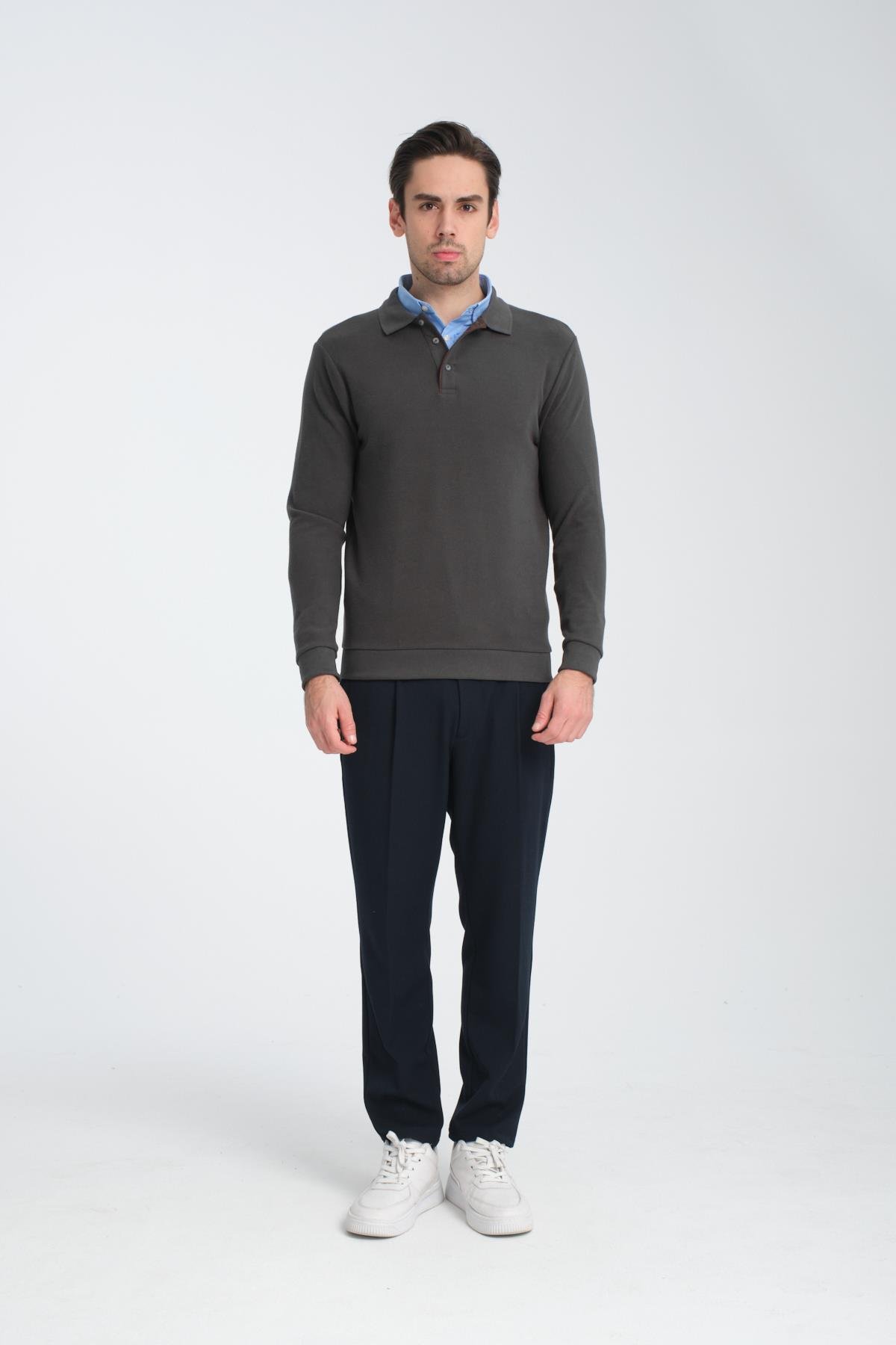 Erkek Kışlık Regular Fit Polo Yaka Basic Sweatshirt