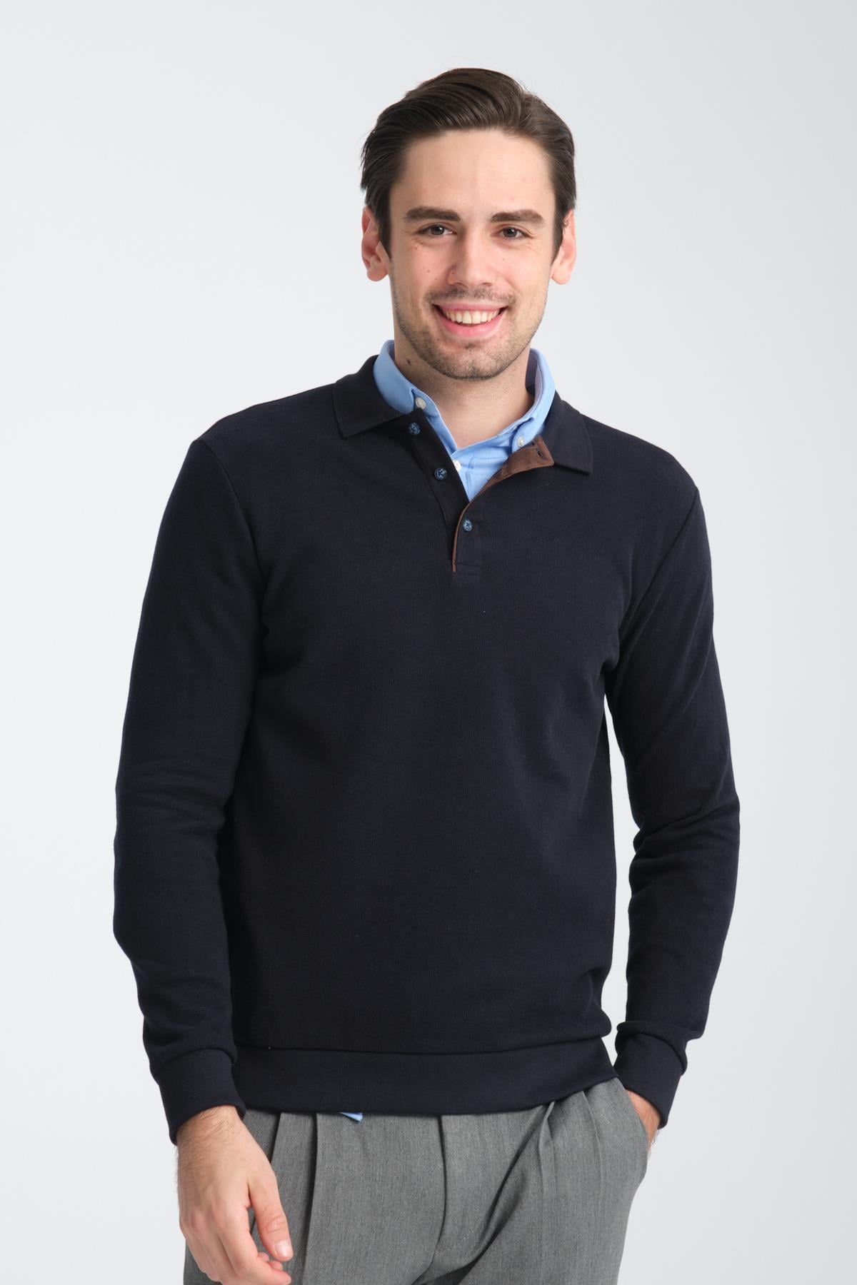 Erkek Kışlık Regular Fit Polo Yaka Basic Sweatshirt