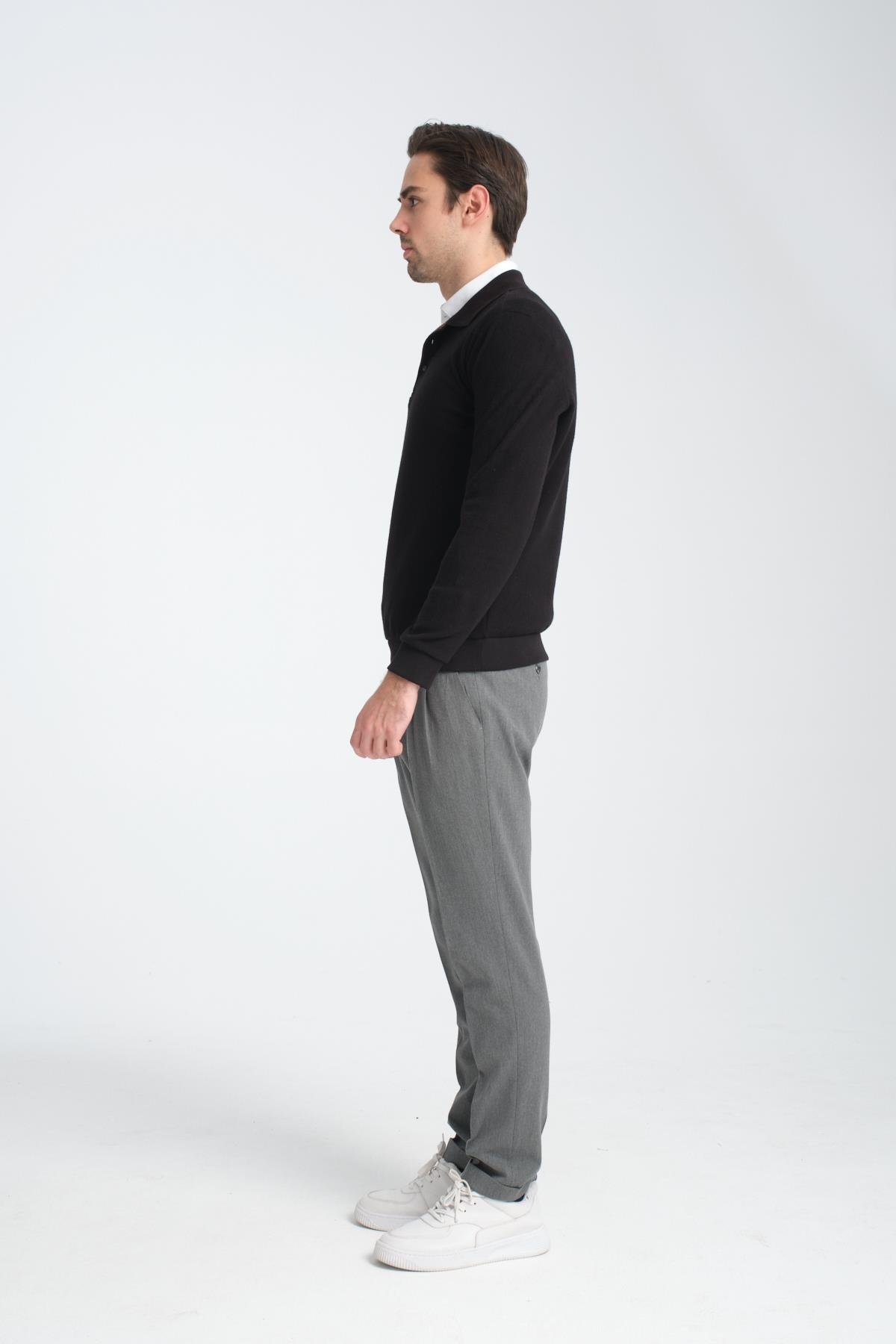 Erkek Kışlık Regular Fit Polo Yaka Basic Sweatshirt