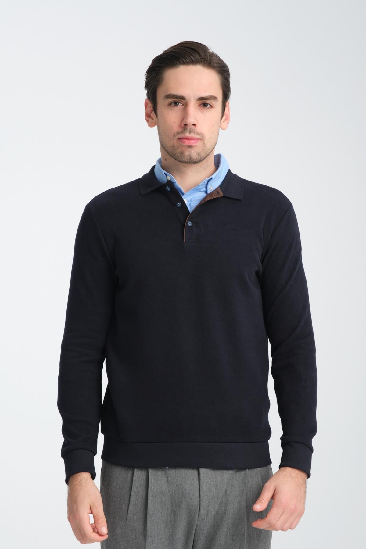 Erkek Kışlık Regular Fit Polo Yaka Basic Sweatshirt